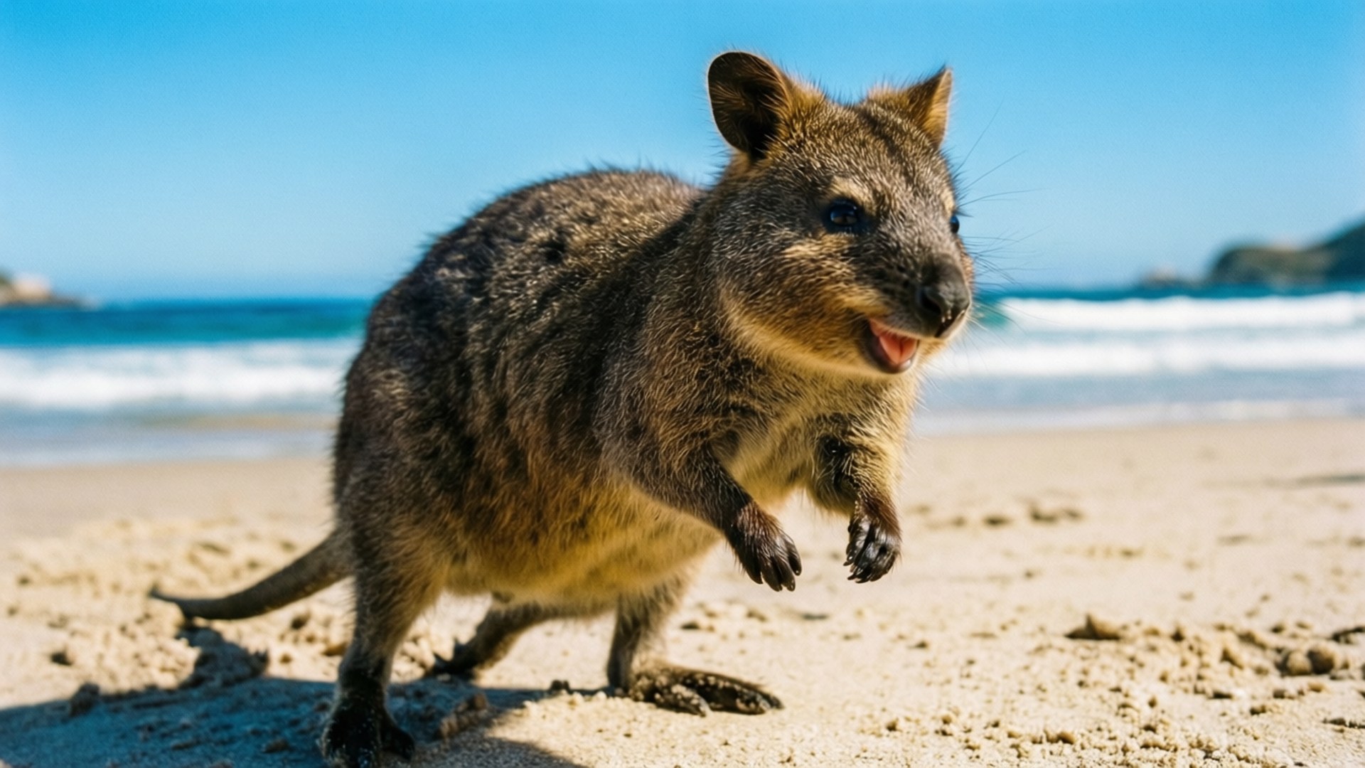 beach, quokka, ocean waves, Full HD Desktop Wallpaper