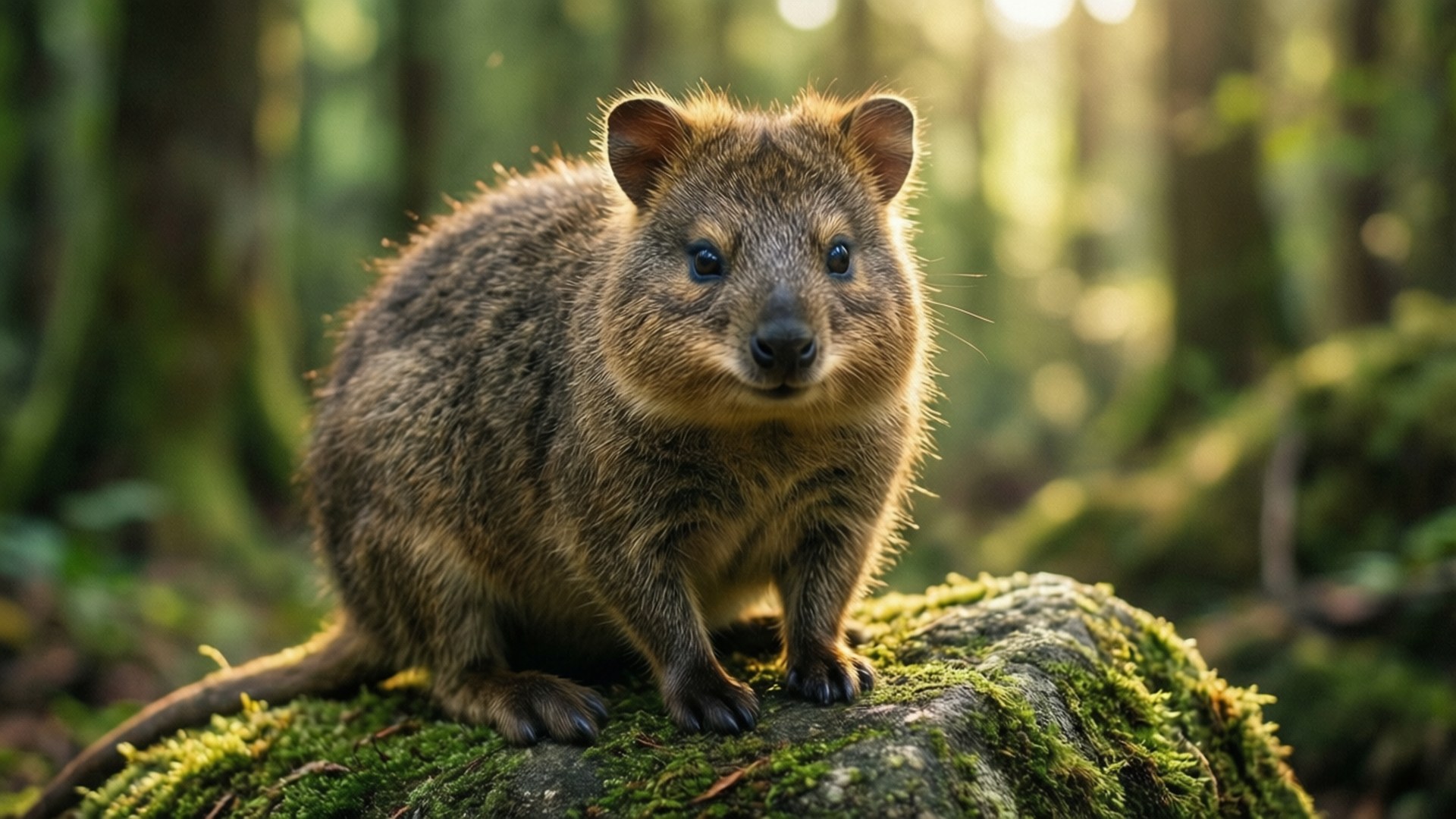 forest quokka, mossy rock, sunlit forest, Full HD Desktop Wallpaper