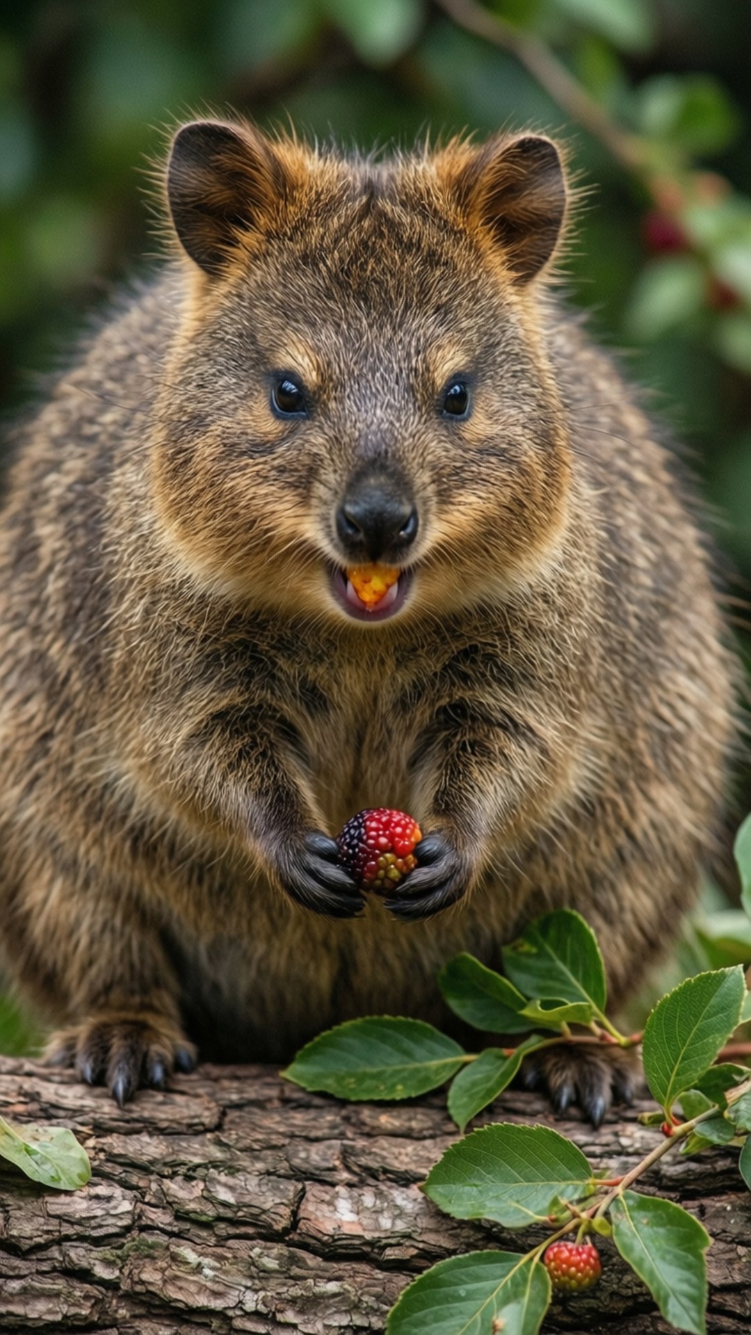 quokka, red and black berry, tree branch, Full HD Phone Wallpaper