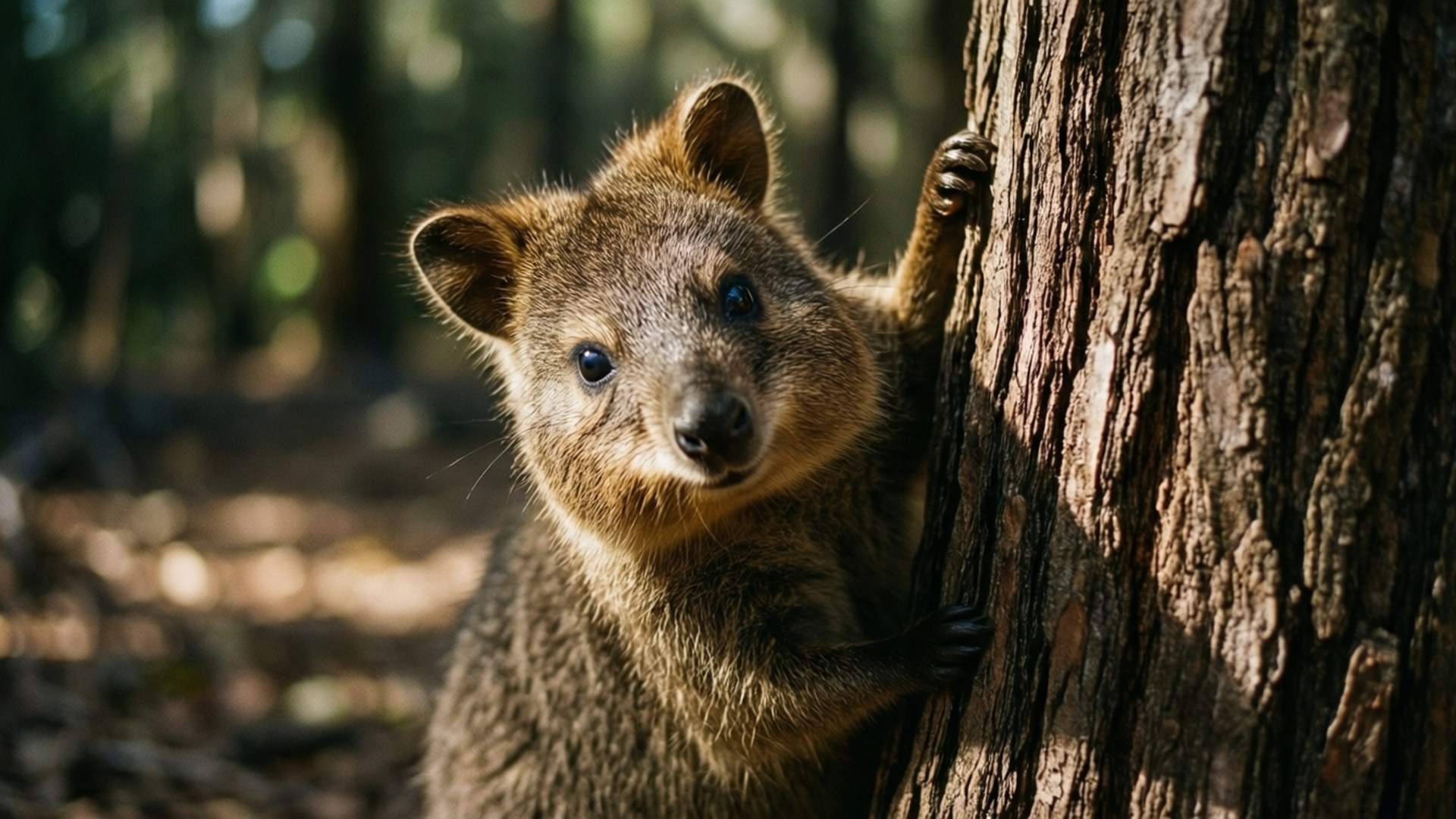 peeking quokka, bright blue eyes, sunlit tree trunk, Full HD Desktop Wallpaper