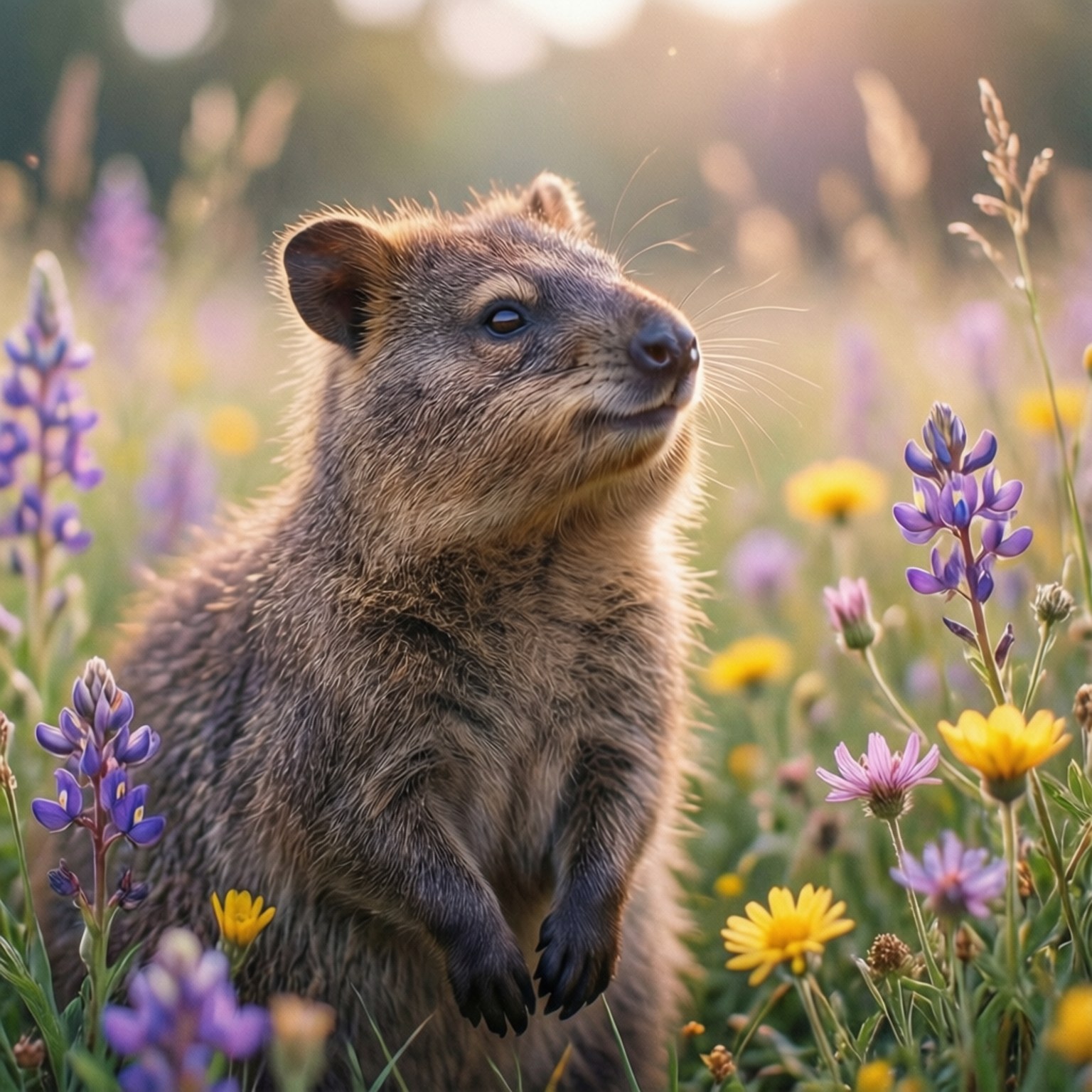 quokka, wildflowers, sunlit meadow, HD Desktop Wallpaper