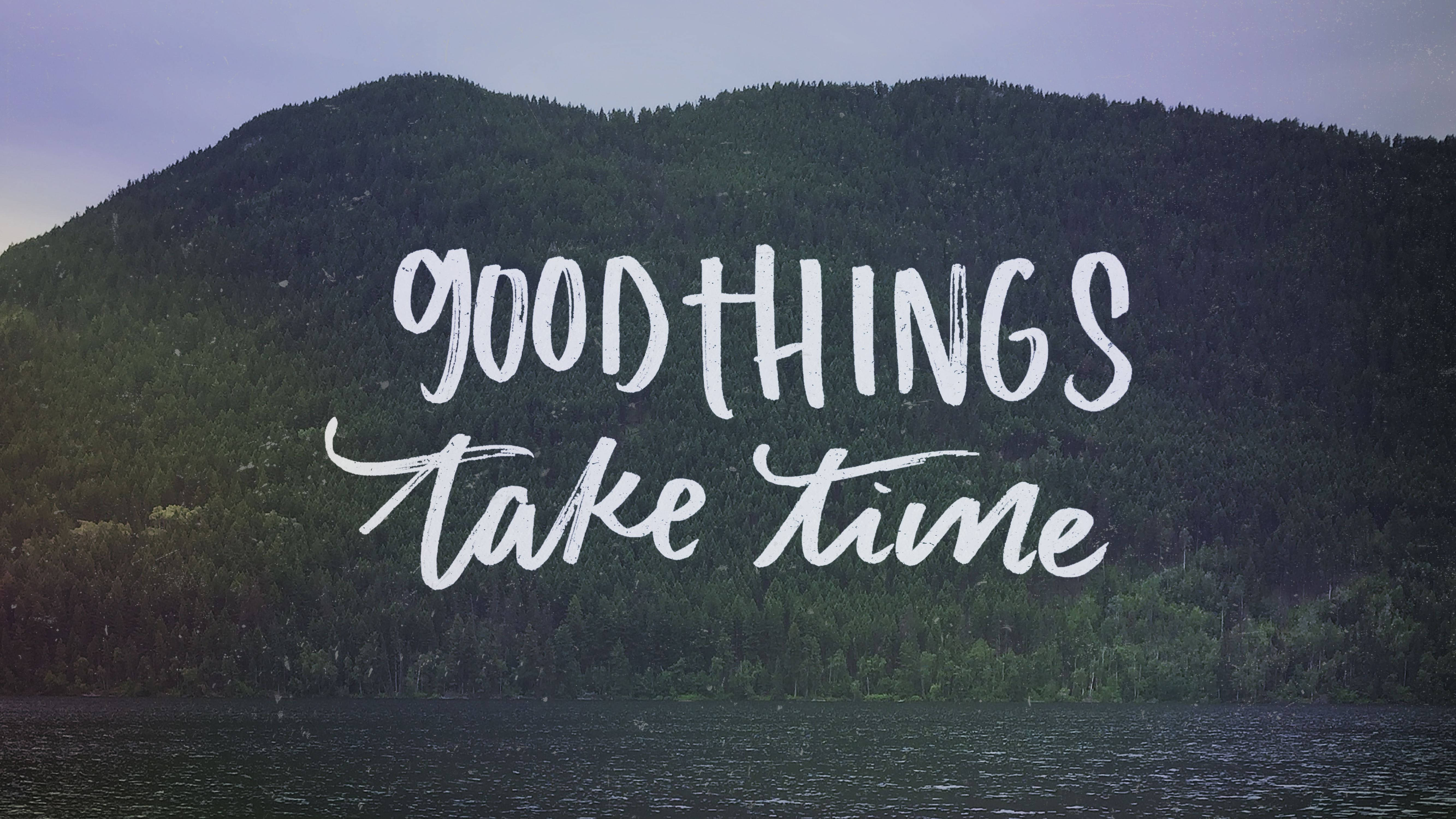 mountain lake, dusk, white brush script, 5K Desktop Wallpaper