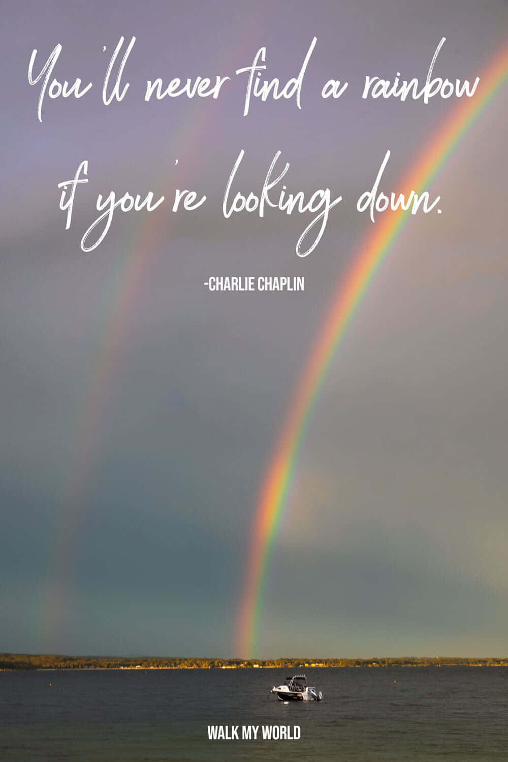 double rainbow, calm lake, small boat, HD Phone Wallpaper