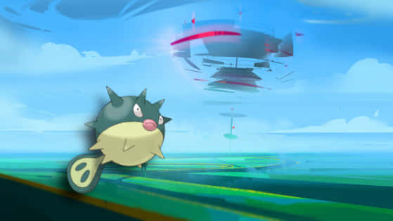 Qwilfish, vibrant blue backdrop, futuristic blimp, SD Desktop Wallpaper