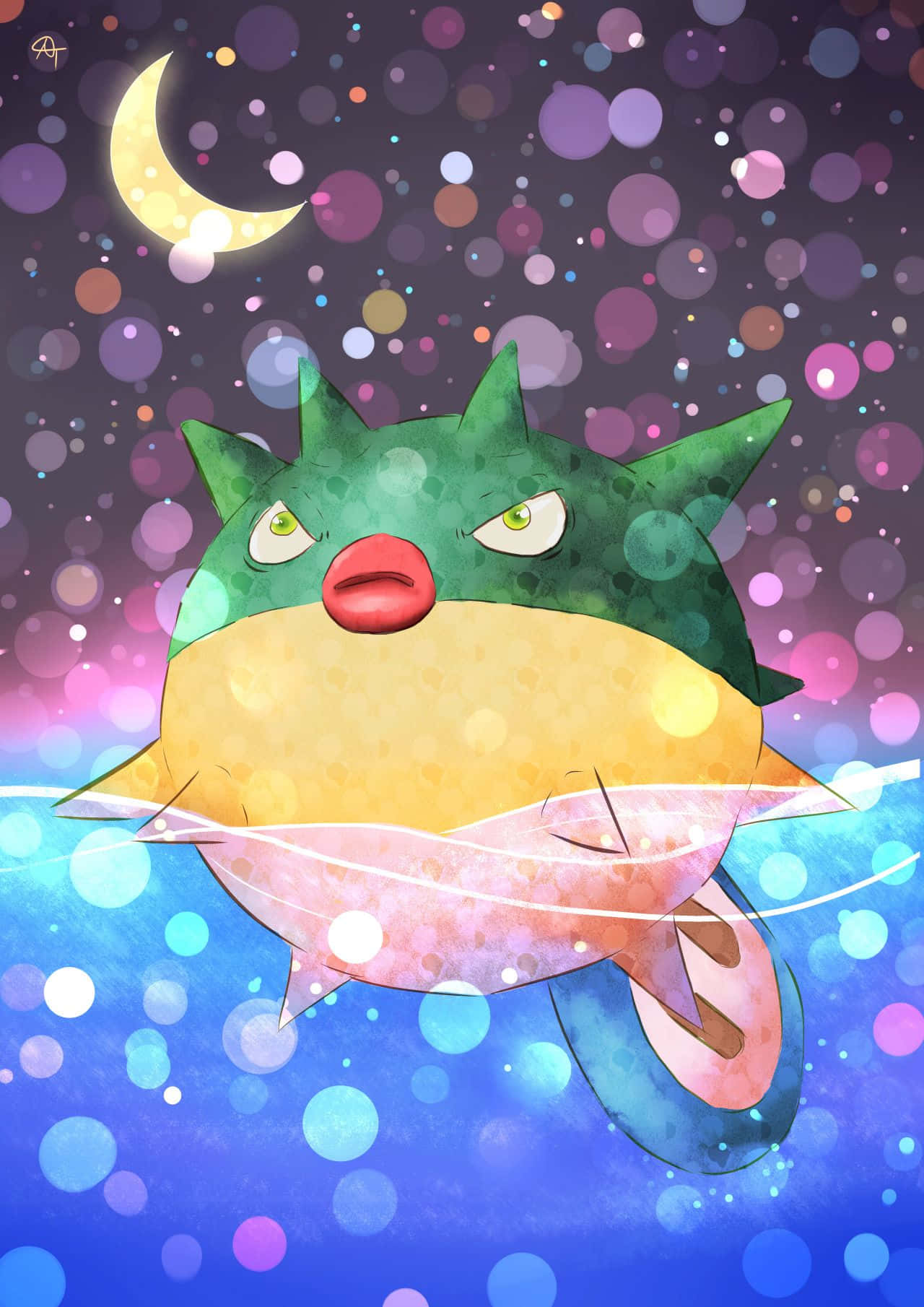 Qwilfish, green and yellow pufferfish, starry night ocean, HD Phone Wallpaper