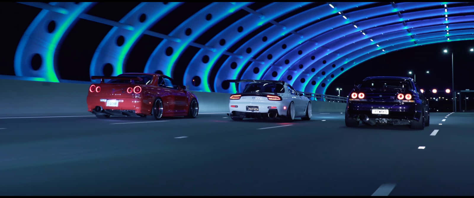 R33 GTR, glowing blue tunnel, neon lights, HD Desktop Wallpaper