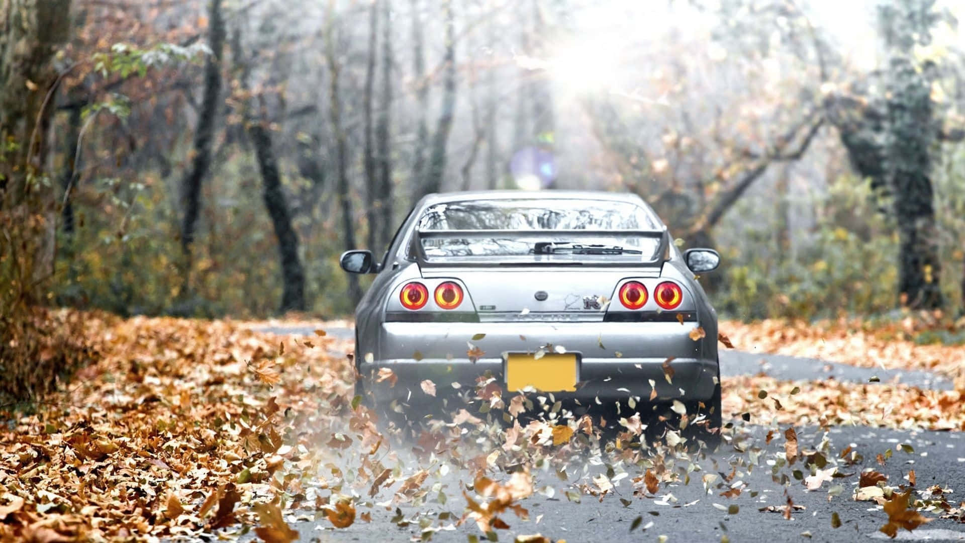 R33 GTR, silver, autumn leaves, Full HD Desktop Wallpaper