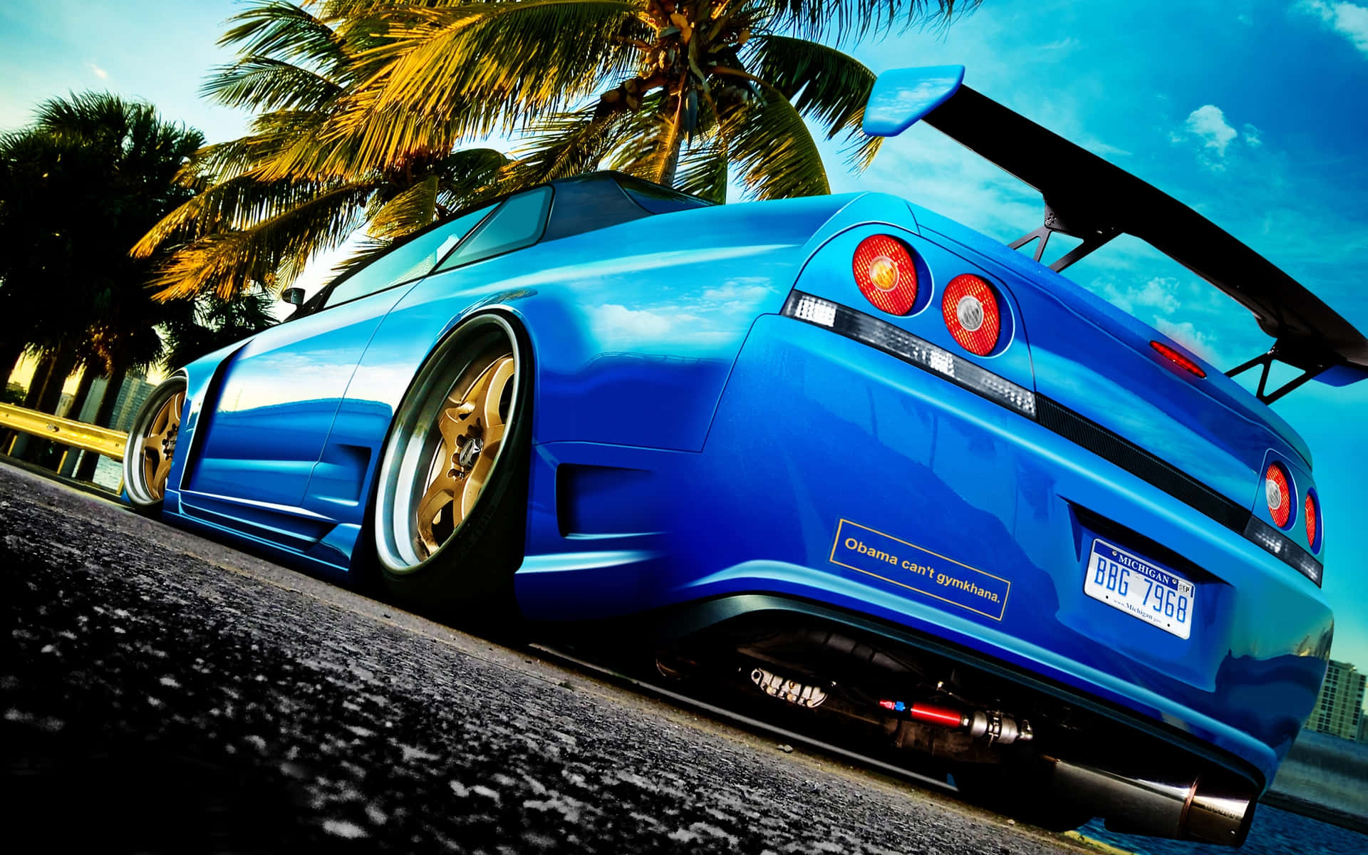 R33 GTR, blue, gold rims, Full HD Desktop Wallpaper