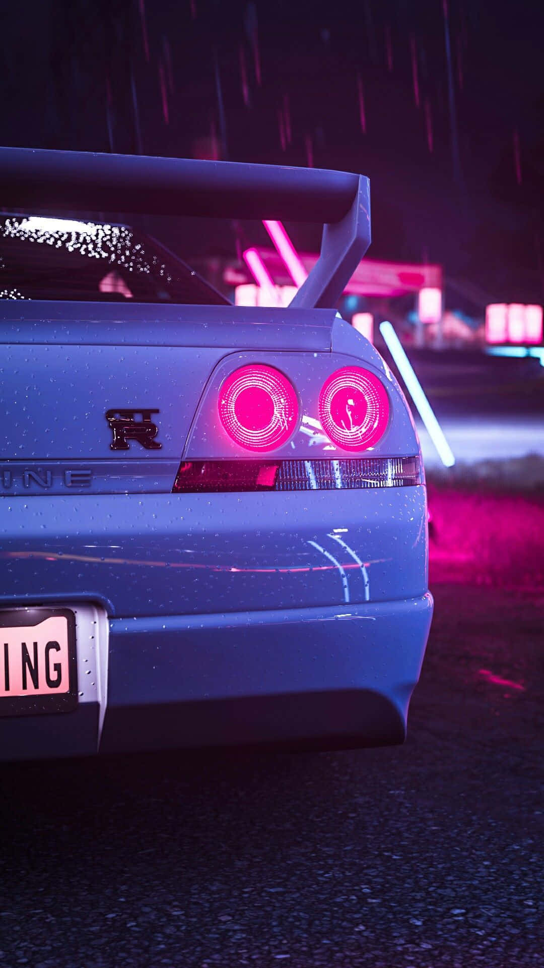 R33 GTR, Neon Pink Rear Lights, Wet Street, Full HD Phone Wallpaper