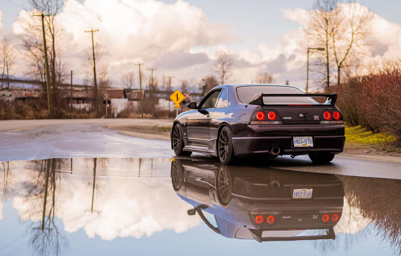 R33 GTR, black sports car, red taillights, HD Desktop Wallpaper