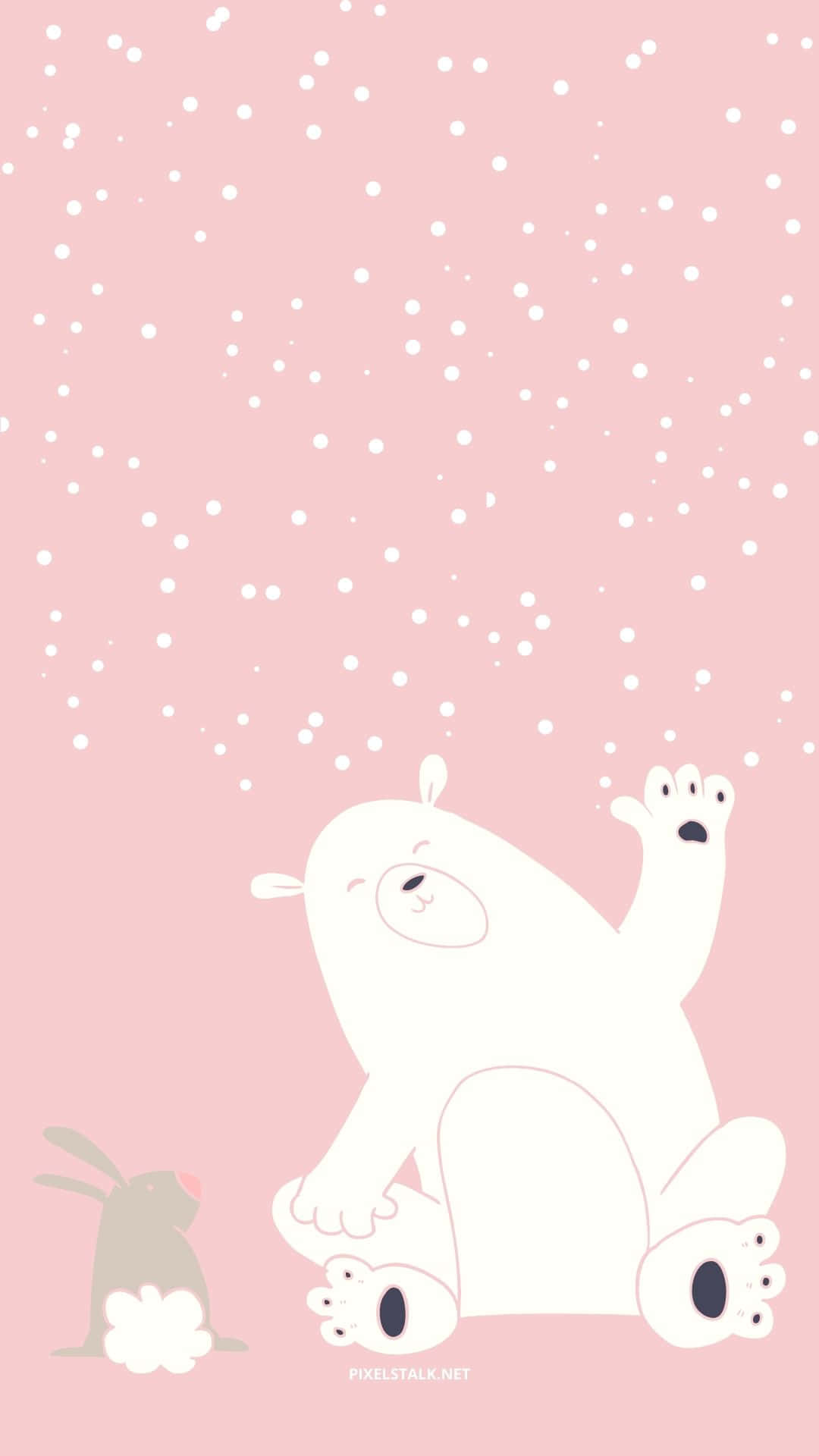 cute white cartoon bear, falling snowflakes, soft pink background, Full HD Phone Wallpaper