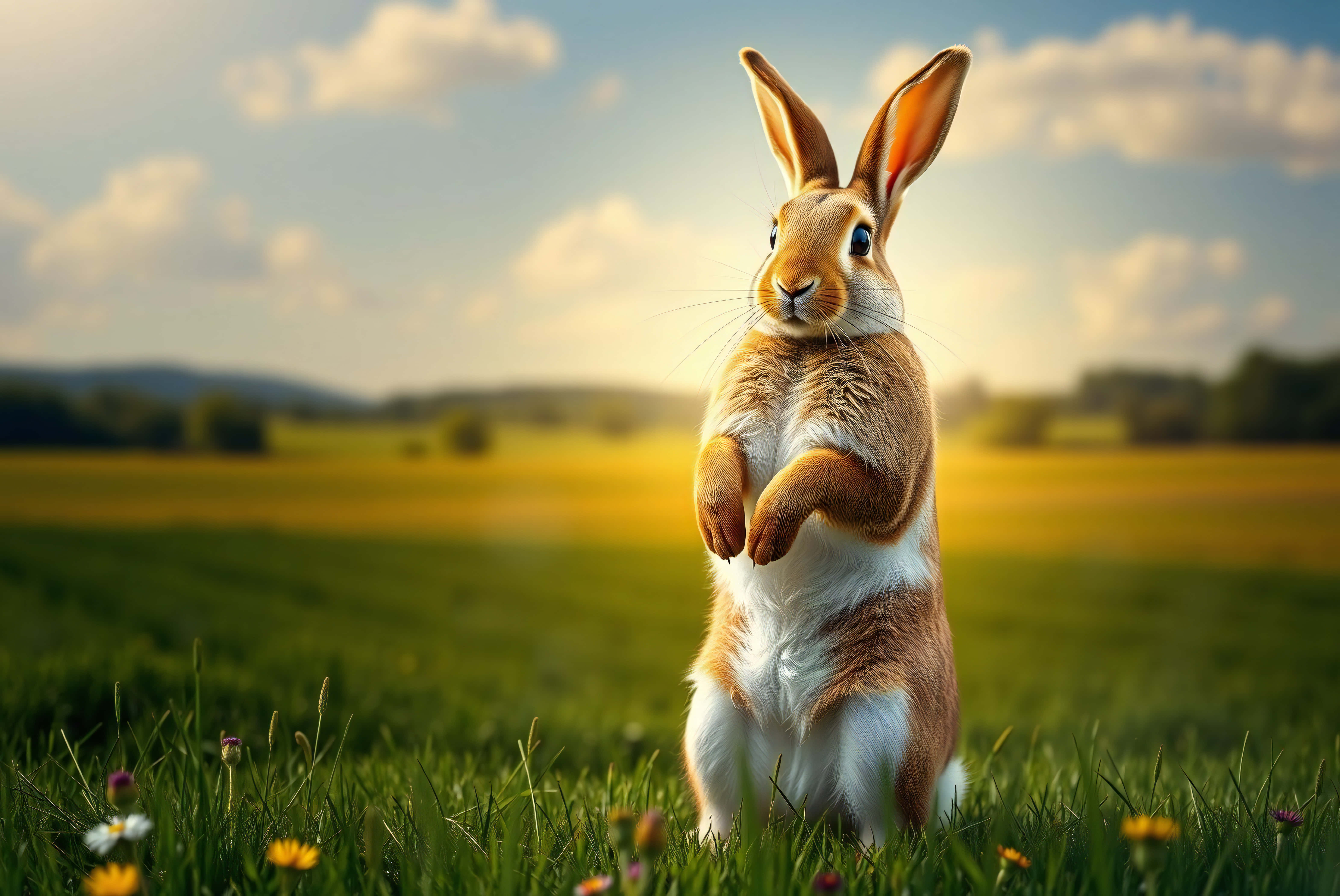 Rabbit, brown and white rabbit, grassy field, 5K Desktop Wallpaper