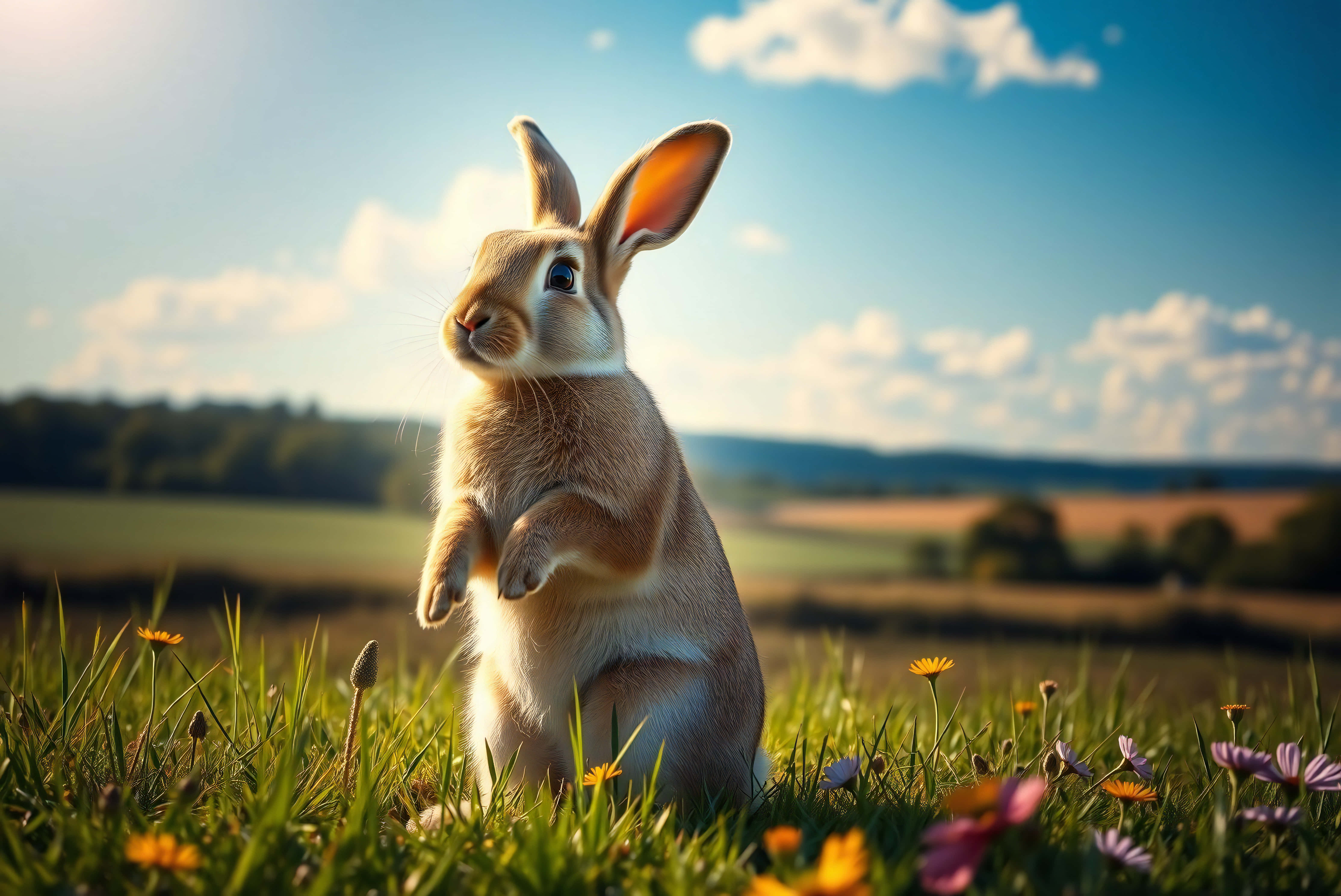 Rabbit, fluffy brown rabbit, sunlit meadow, 5K Desktop Wallpaper