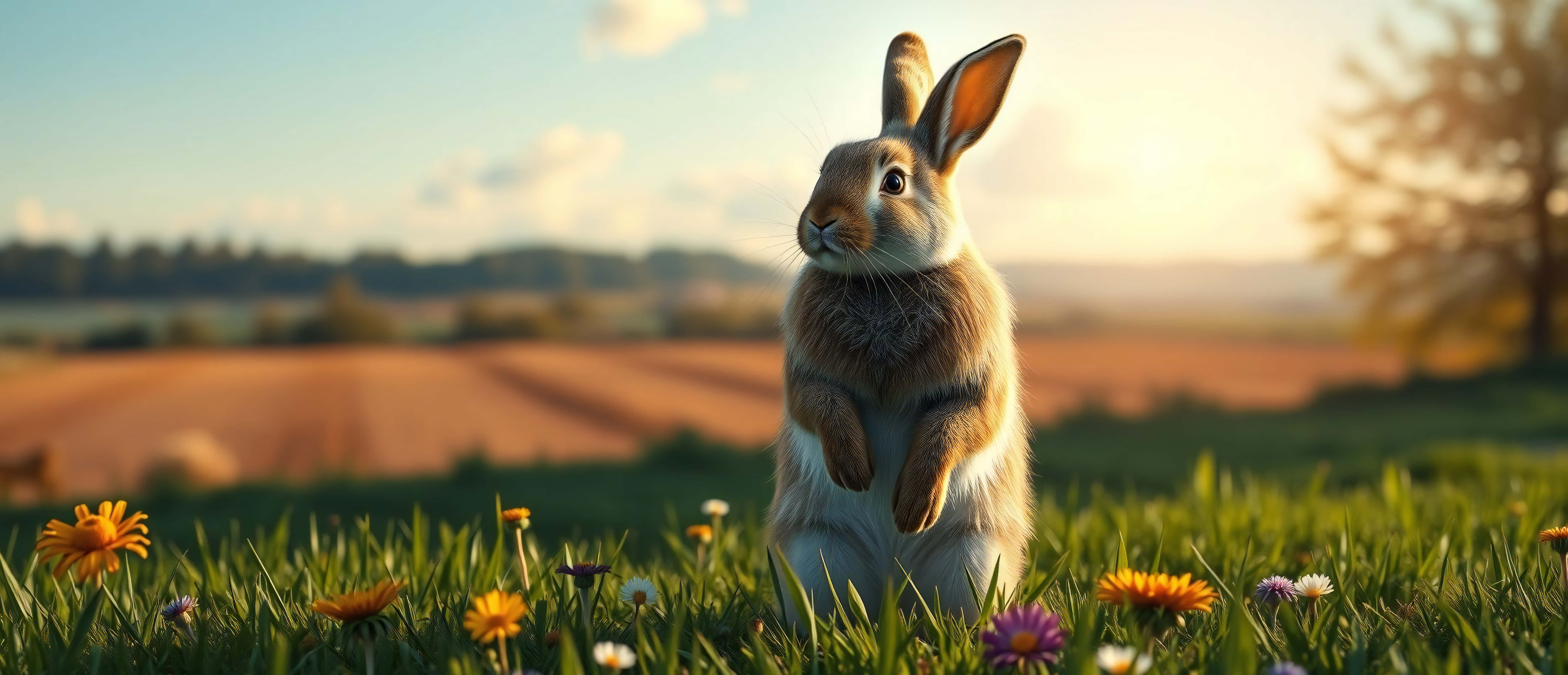 Rabbit, brown rabbit, sunlit meadow, 8K Desktop Wallpaper
