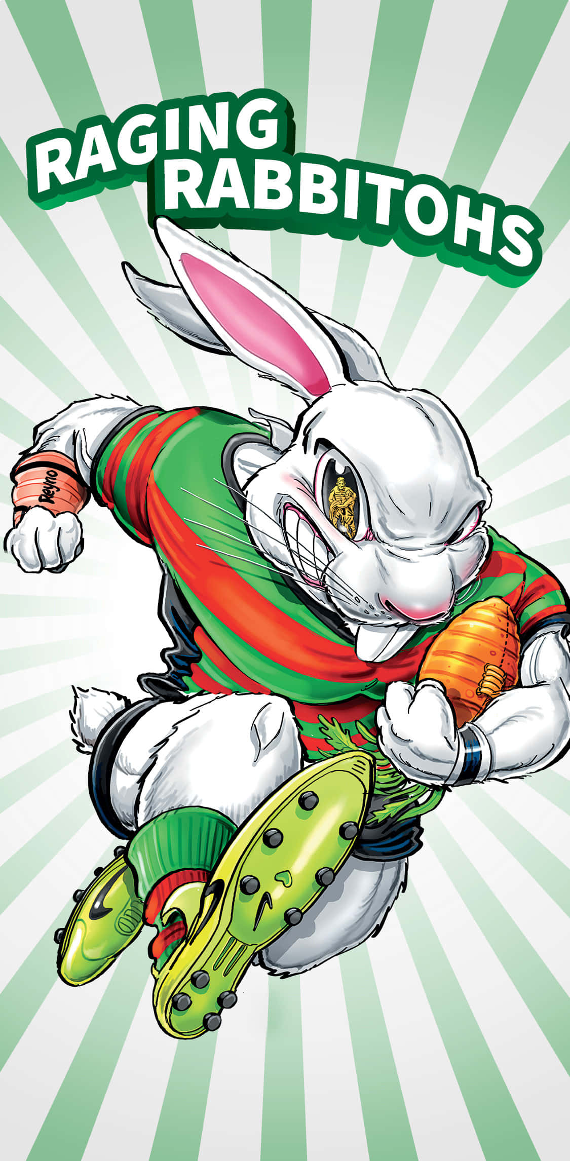 Rabbitohs, green and red rugby jersey, green and white sunburst background, Full HD Phone Wallpaper