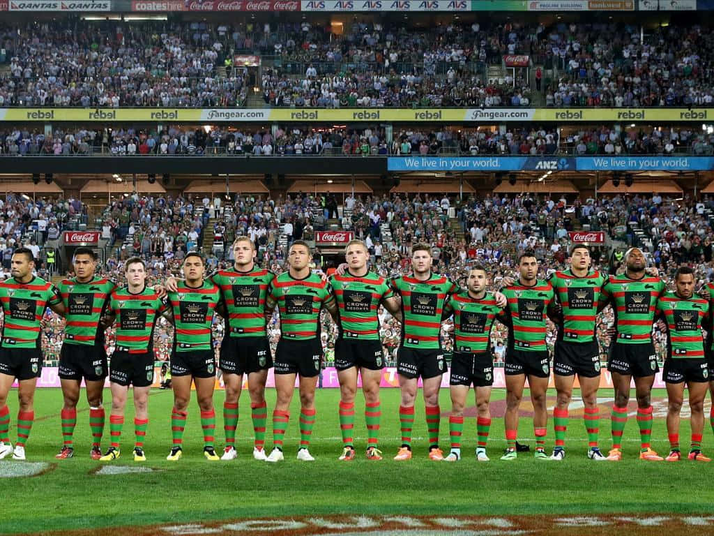 Rabbitohs, green and red striped jerseys, stadium field, SD Desktop Wallpaper