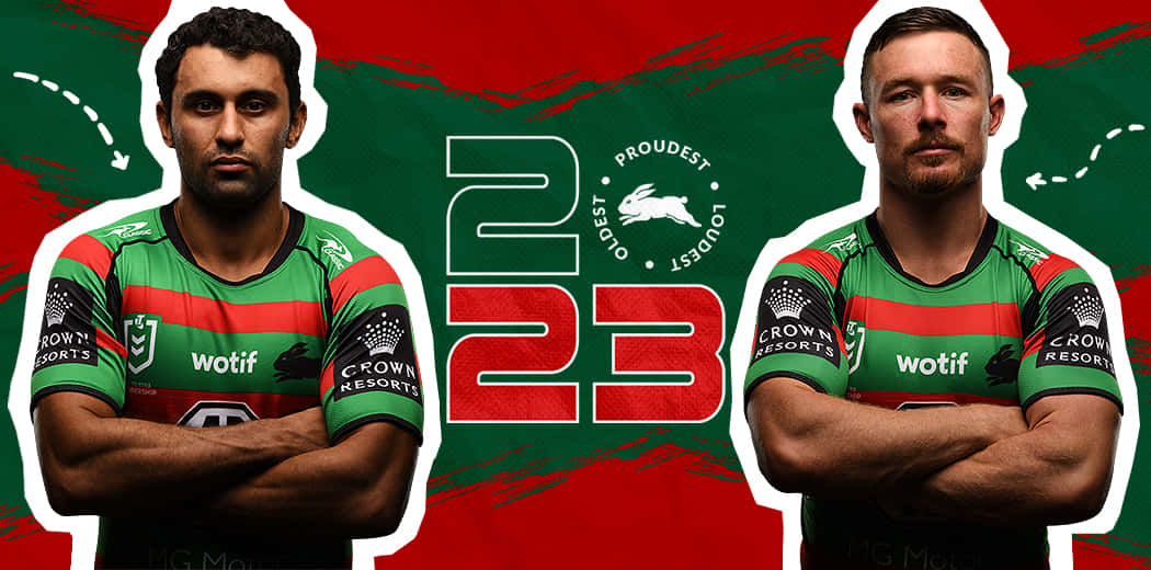 Rabbitohs, green and red striped jerseys, bold red and green background, SD Desktop Wallpaper