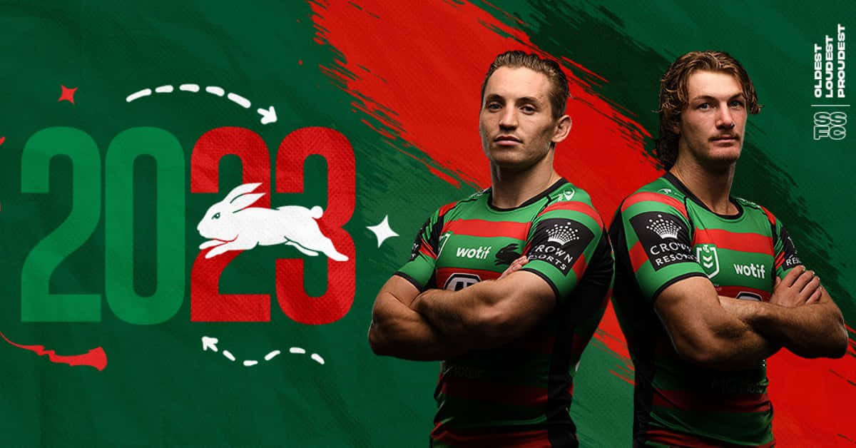 Rabbitohs, green and red jerseys, bold green and red background, SD Desktop Wallpaper