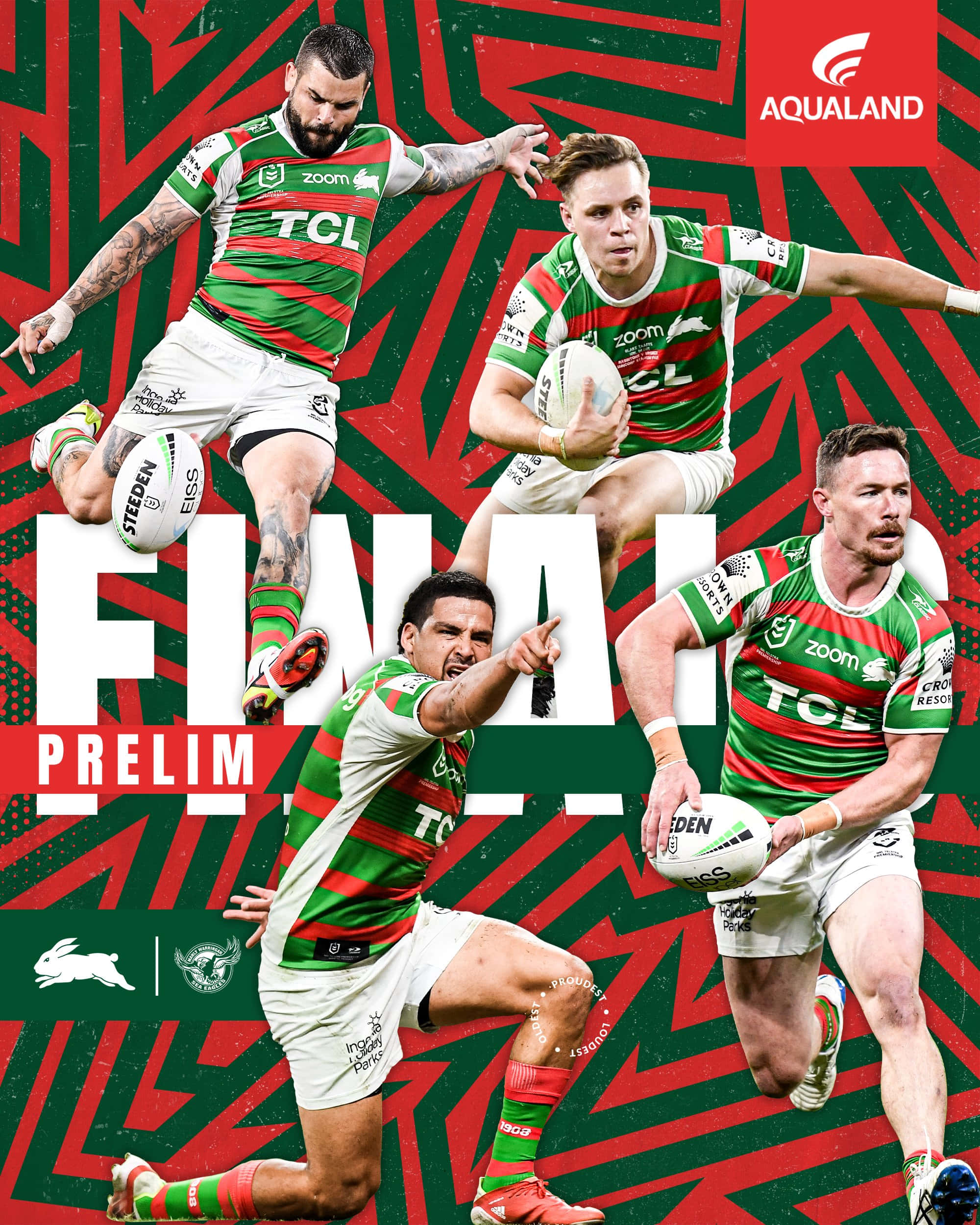 Rabbitohs, green and red striped jerseys, bold red and green geometric background, Full HD Phone Wallpaper