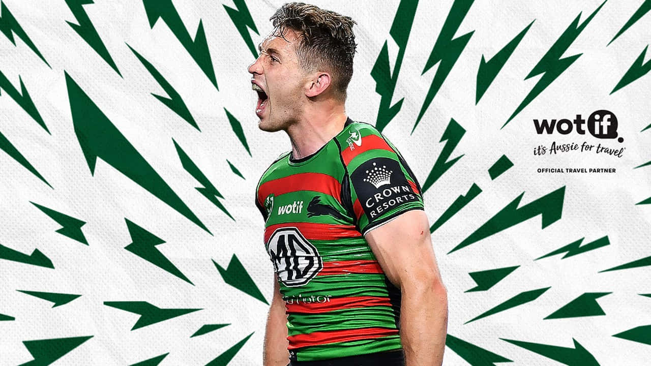 Rabbitohs, green and red jersey, green lightning bolt pattern, HD Desktop Wallpaper