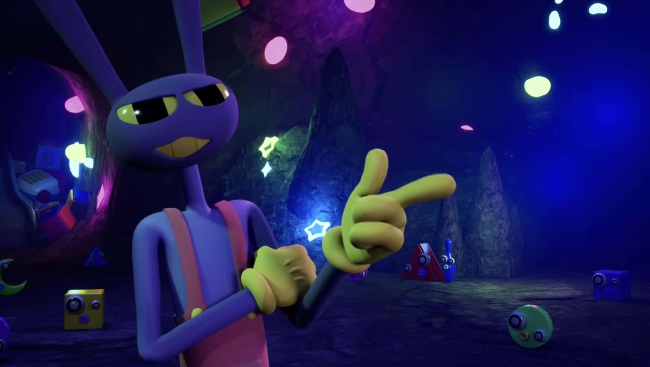 Mystical Cave Concert Rabbit Character, purple animated rabbit, yellow gloves, Full HD Desktop Wallpaper