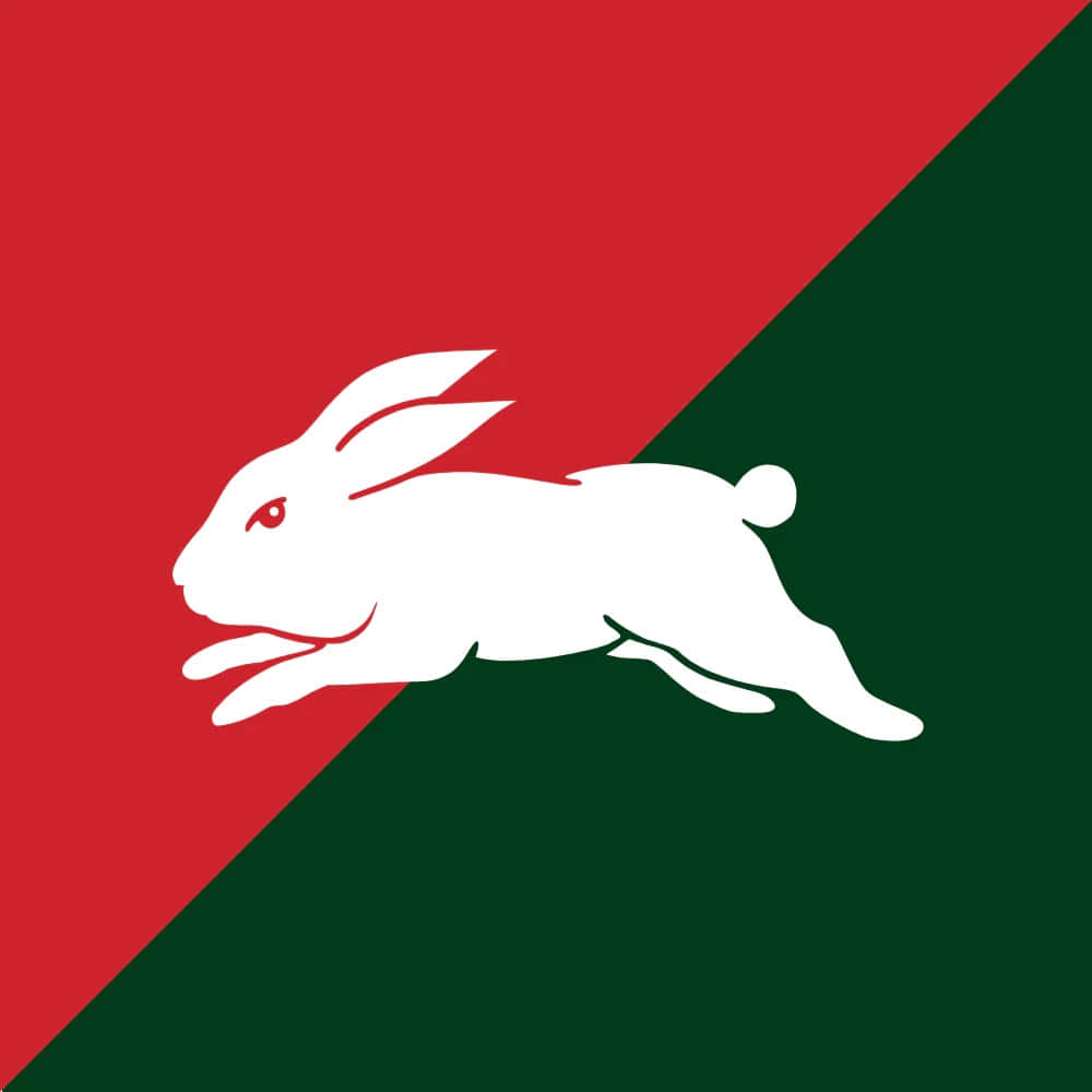 Rabbitohs, white rabbit silhouette, bold red and green split background, SD Desktop Wallpaper