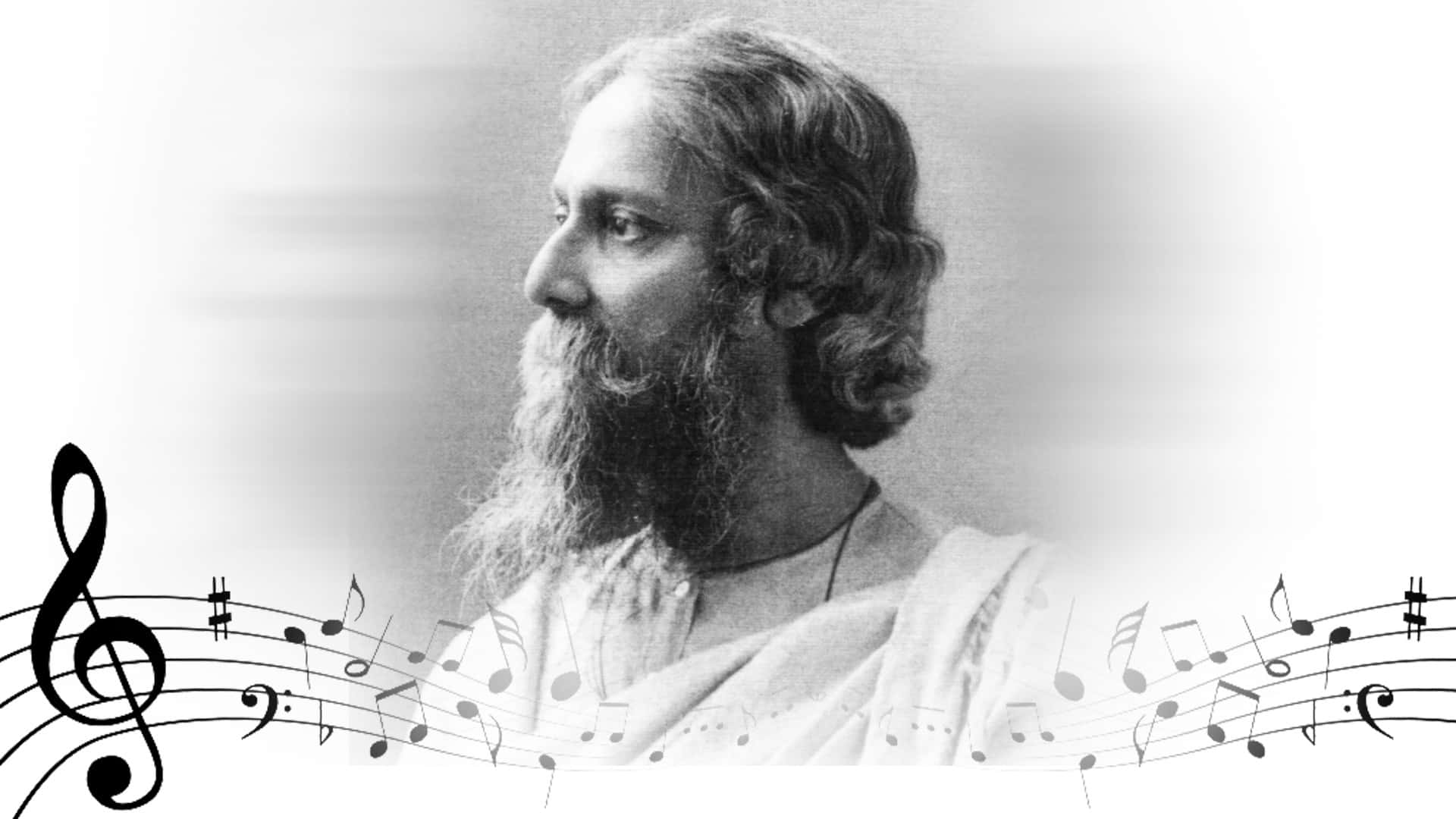 Rabindranath Tagore, black and white portrait, bearded man in profile, Full HD Desktop Wallpaper