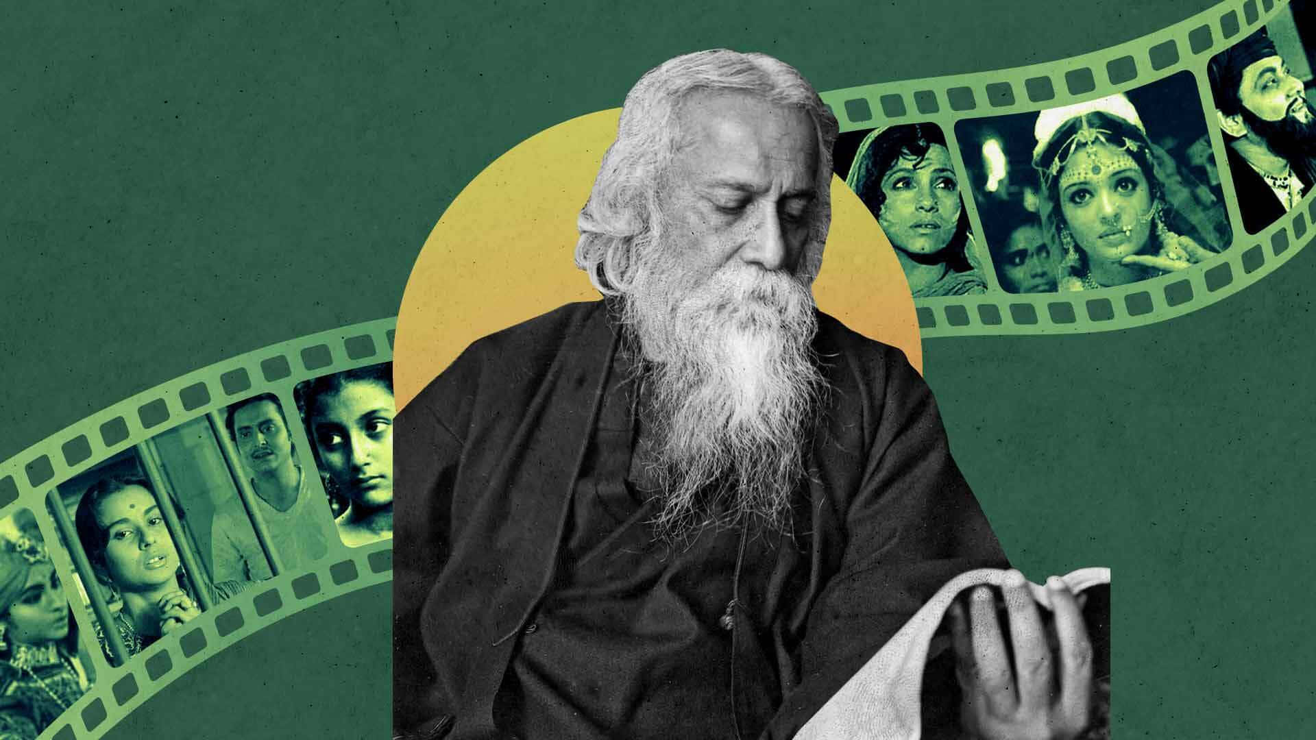 Rabindranath Tagore, black and white portrait, green filmstrip background, Full HD Desktop Wallpaper