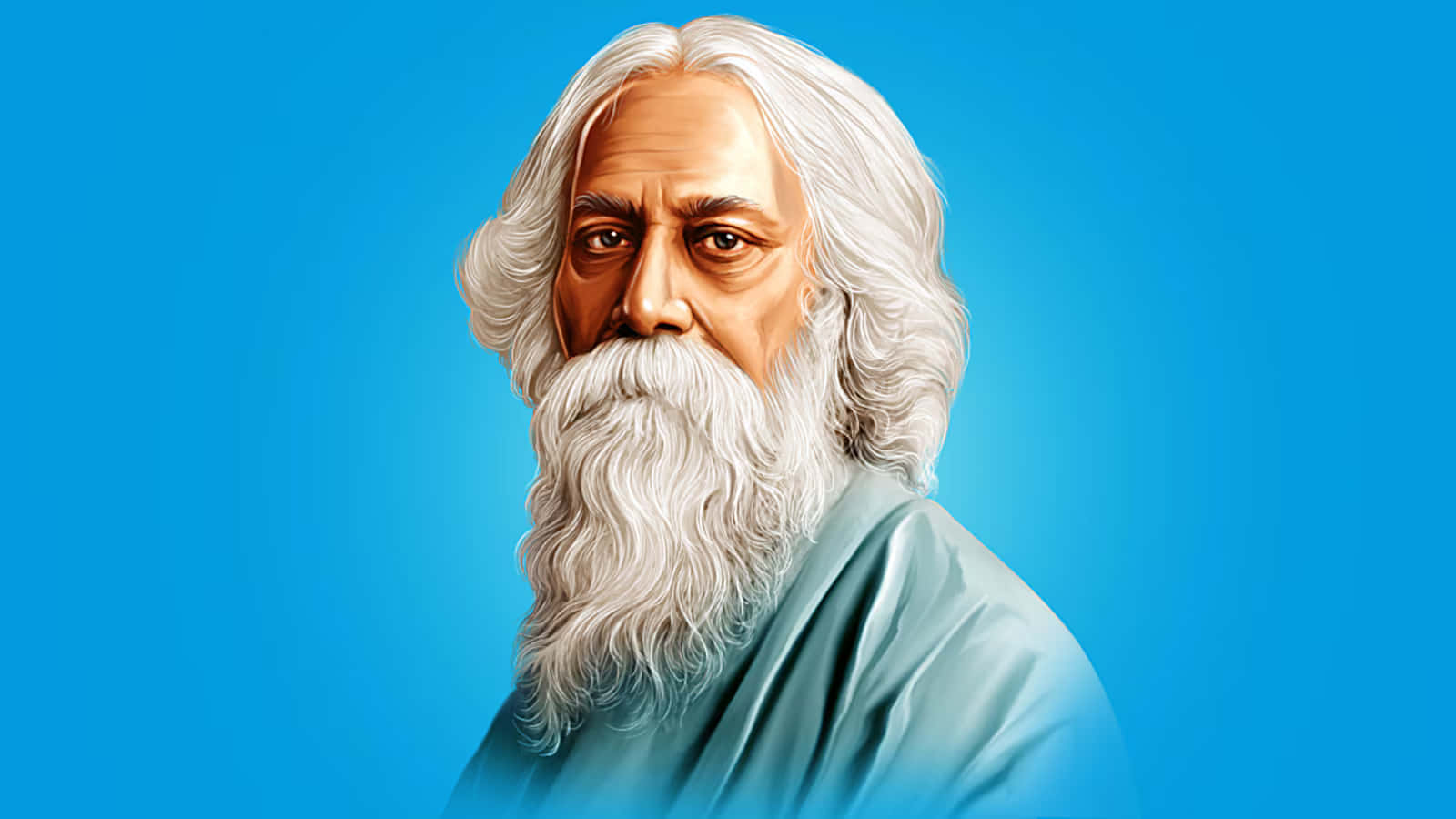 Rabindranath Tagore, light blue robe, solid blue background, HD Desktop Wallpaper