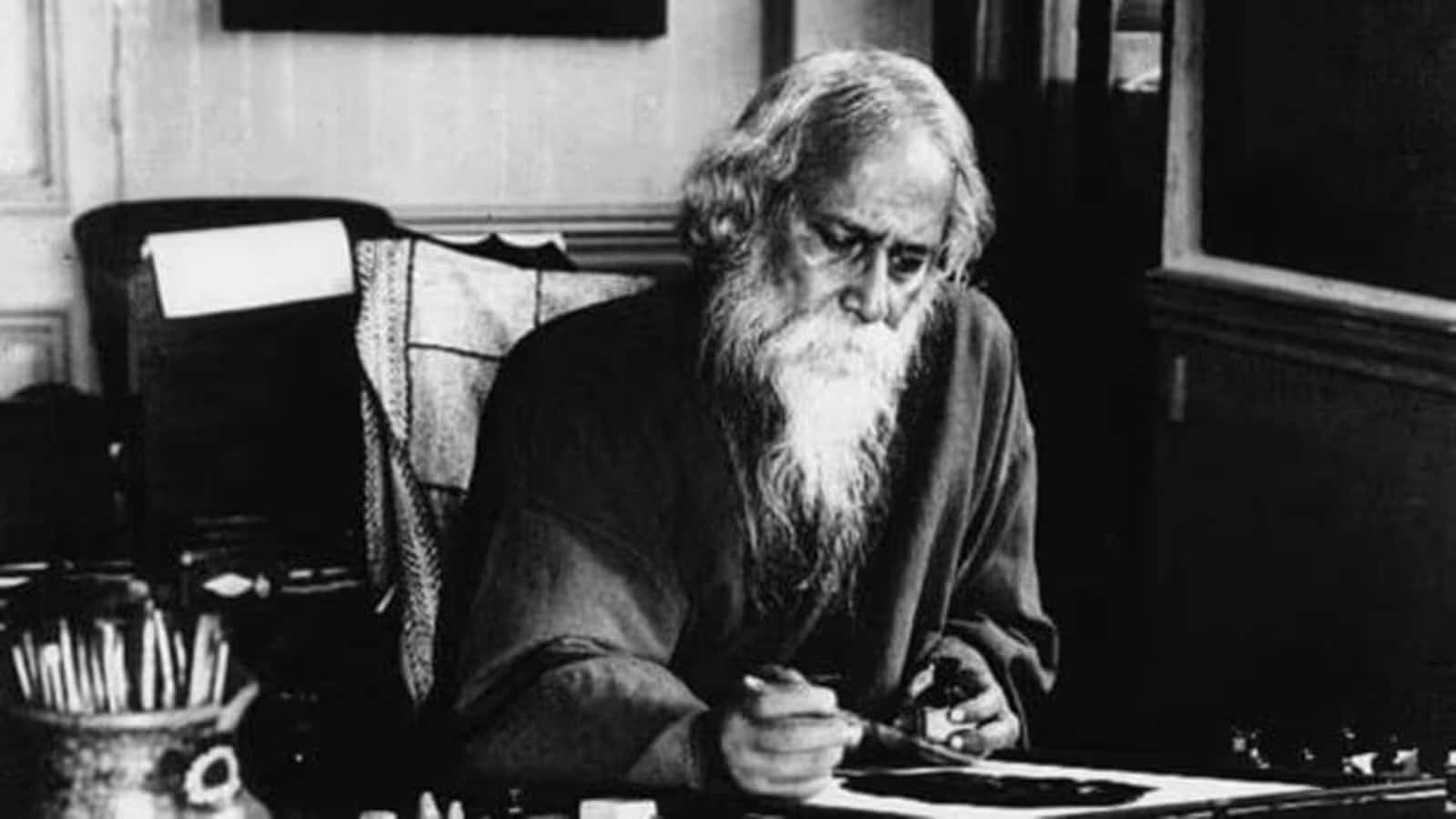 Rabindranath Tagore, writing at desk, elderly man, HD Desktop Wallpaper