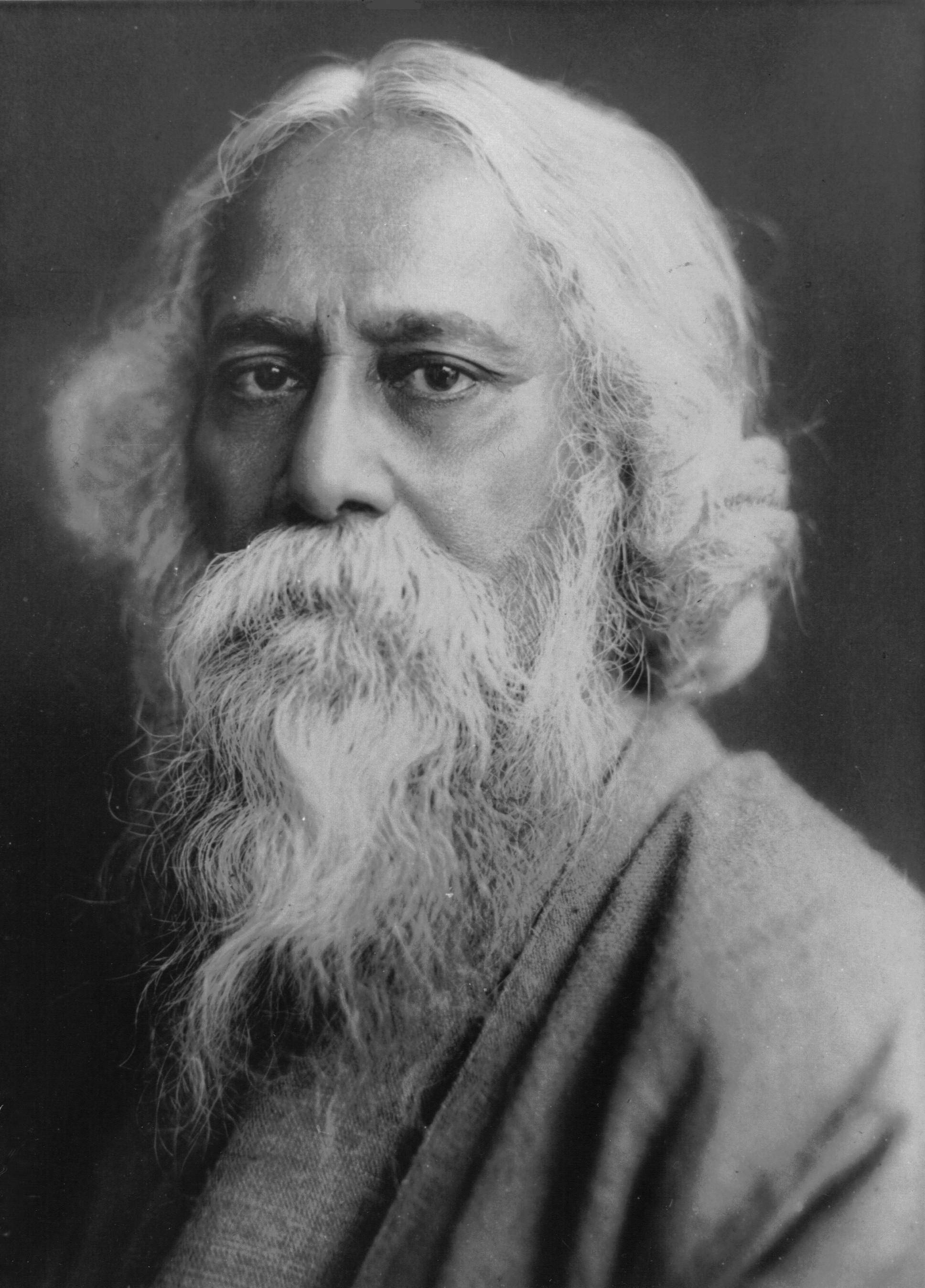 Rabindranath Tagore, black and white portrait, long white hair, 2K Phone Wallpaper