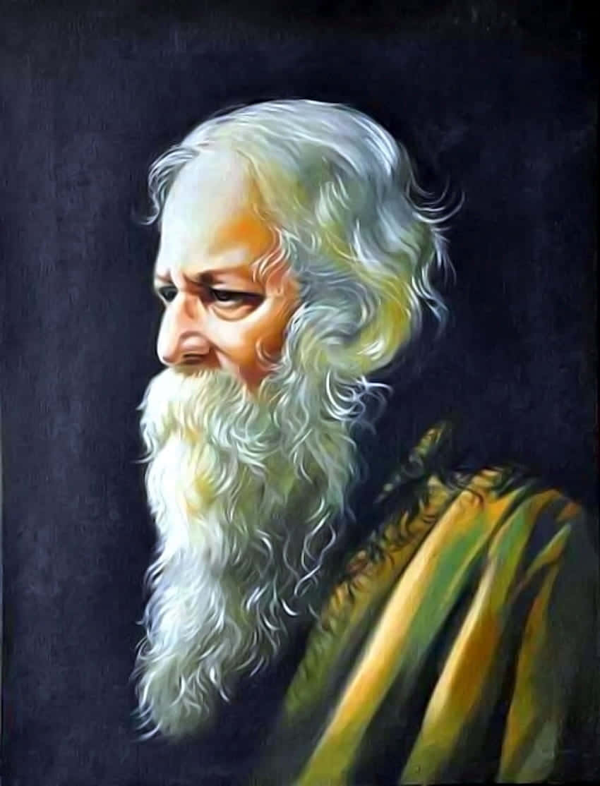 Rabindranath Tagore, portrait painting, elderly man, SD Phone Wallpaper