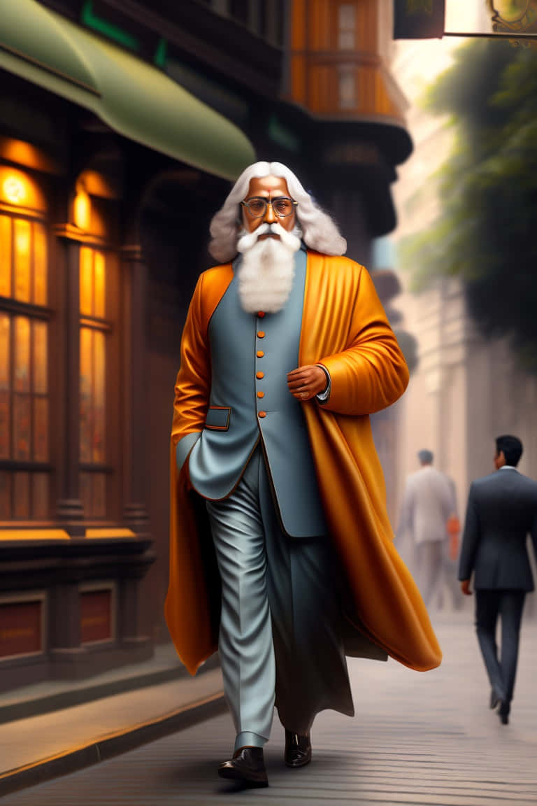 Rabindranath Tagore, orange coat, blue suit, SD Phone Wallpaper