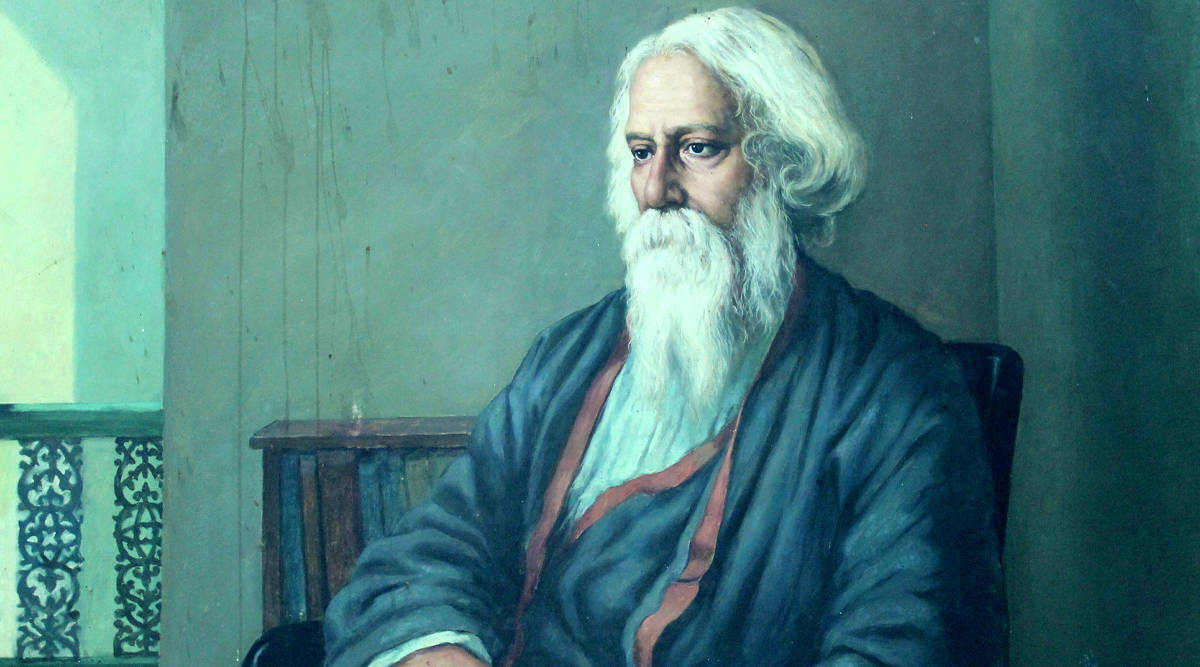 Rabindranath Tagore, long white beard, dark robe with red trim, SD Desktop Wallpaper