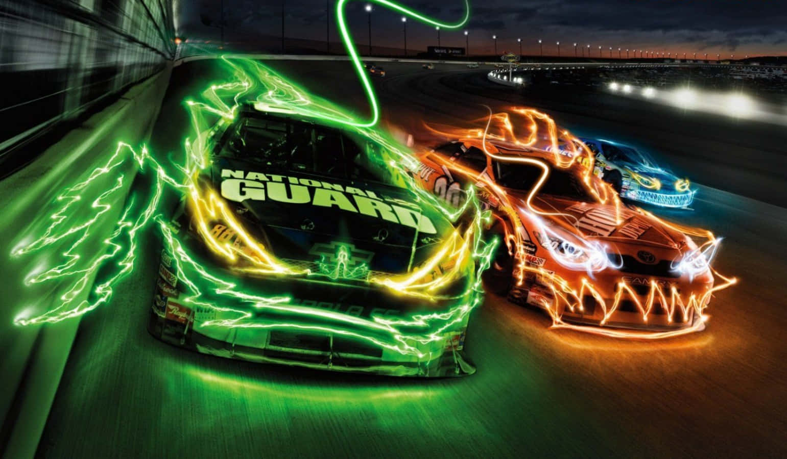 neon energy trails, race cars, track, HD Desktop Wallpaper