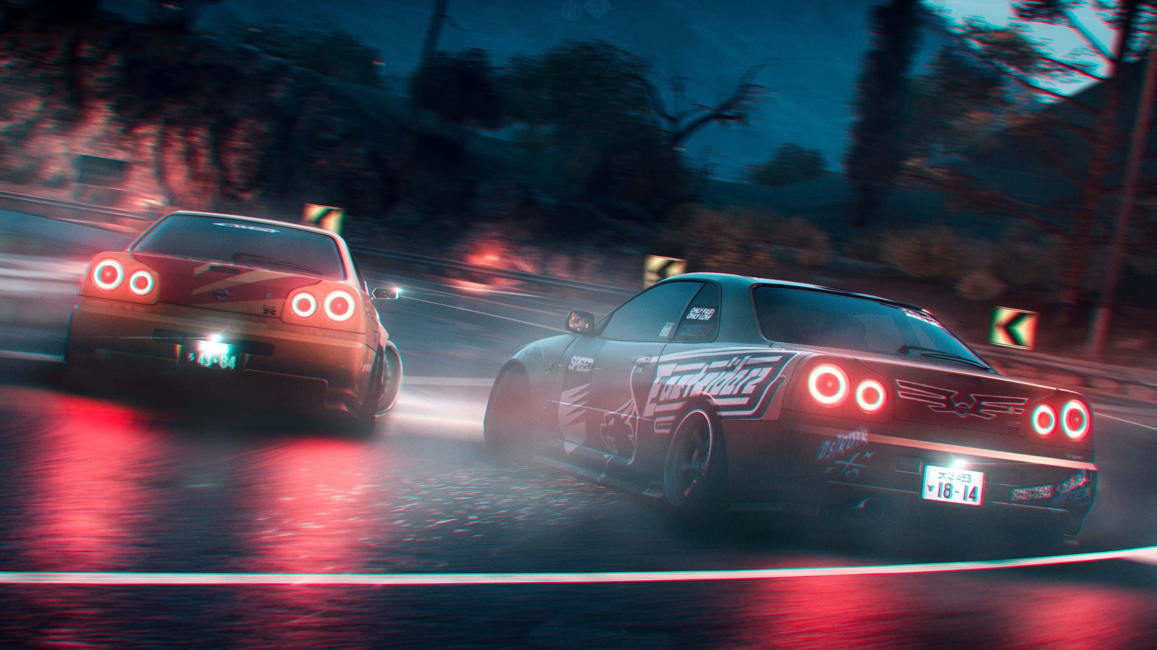 street racing, modified sports cars, wet nighttime road, 4K Desktop Wallpaper