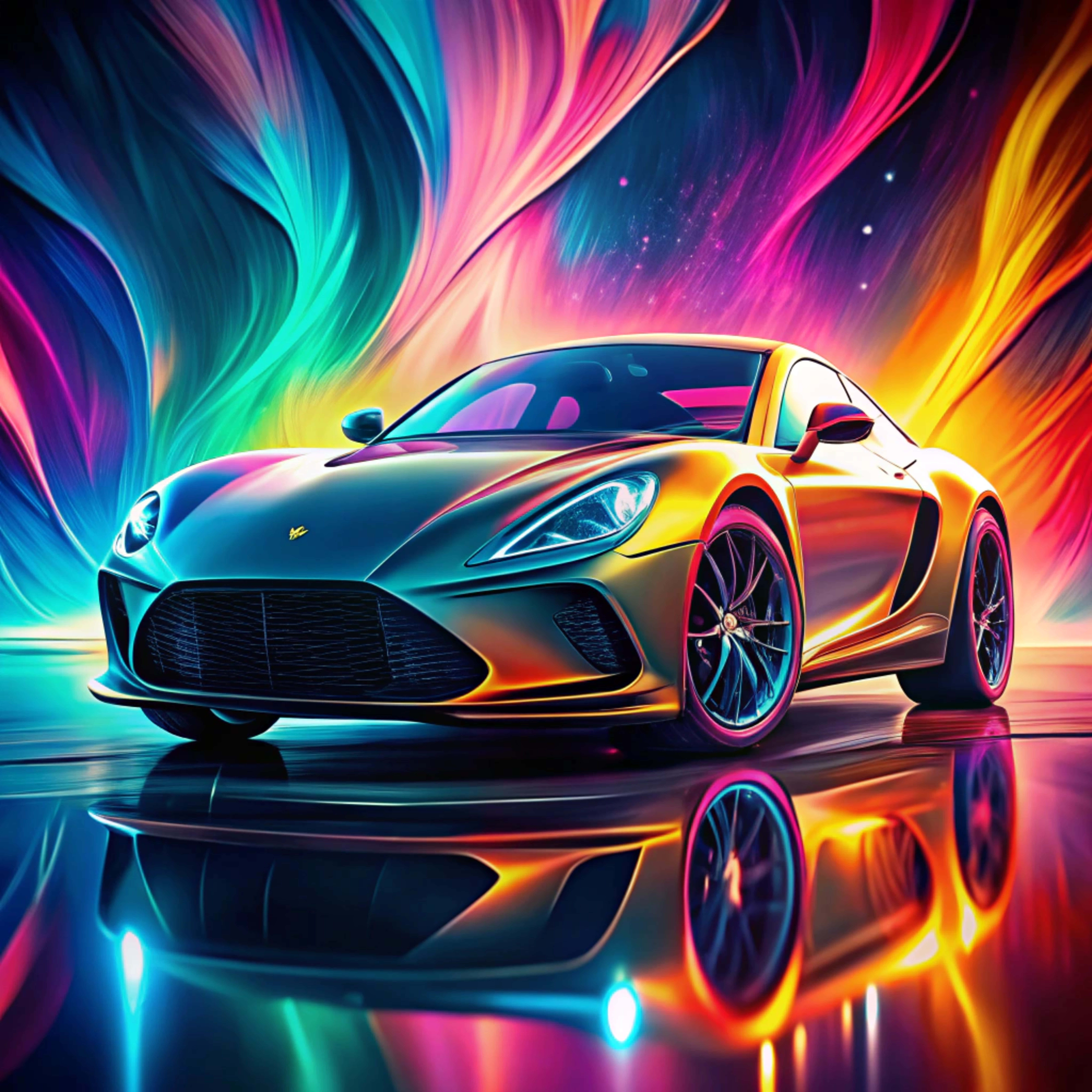 gold sports car, cosmic nebula, neon colors, 8K Desktop Wallpaper