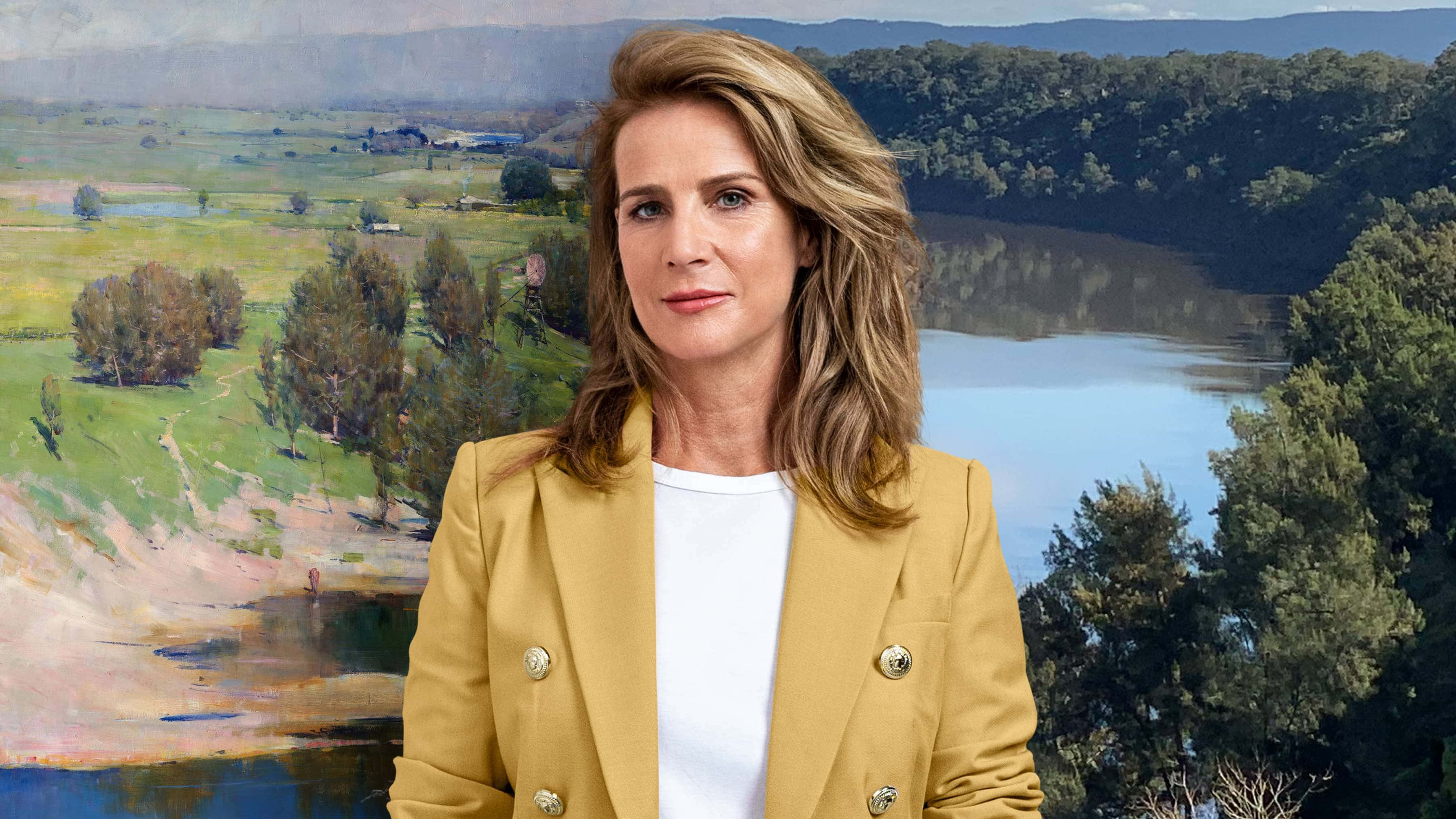 Rachel Griffiths, mustard blazer, painted pastoral scene, 2K Desktop Wallpaper