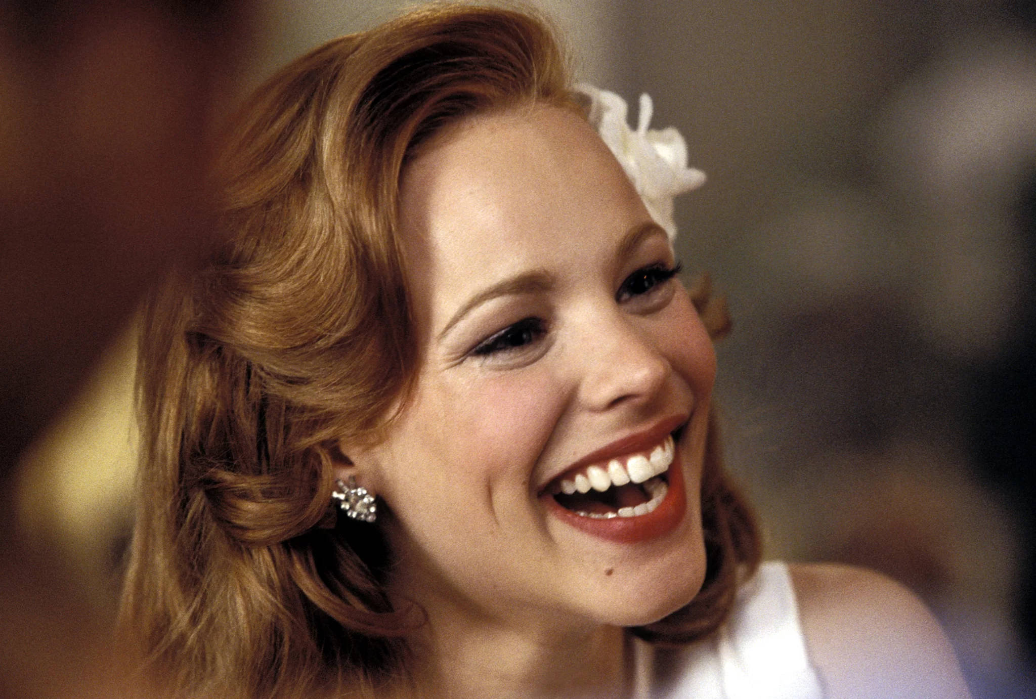 Rachel Mcadams, golden hair, white flower, Full HD Desktop Wallpaper