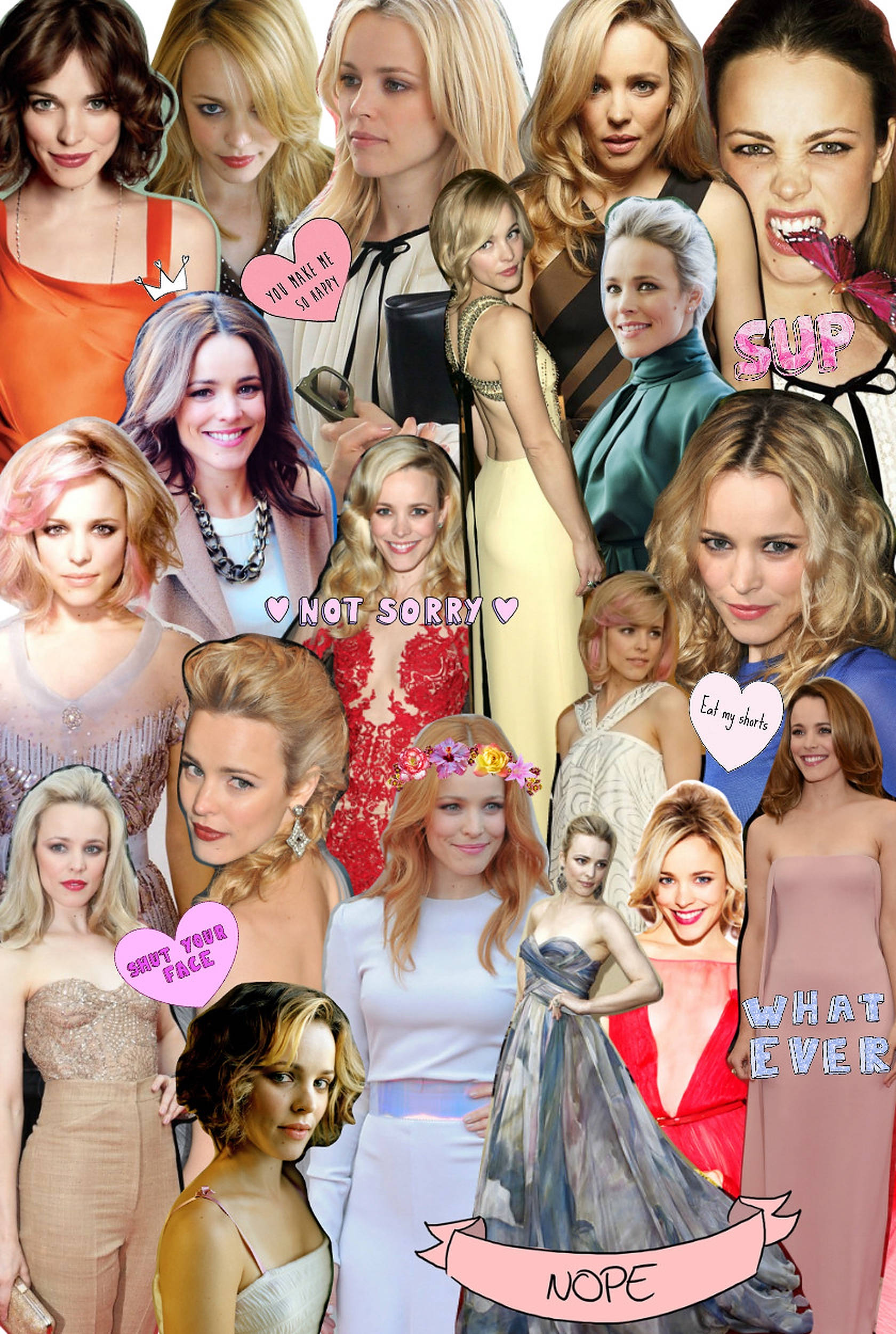 Rachel Mcadams, playful pink hearts, bold text overlays, Full HD Phone Wallpaper