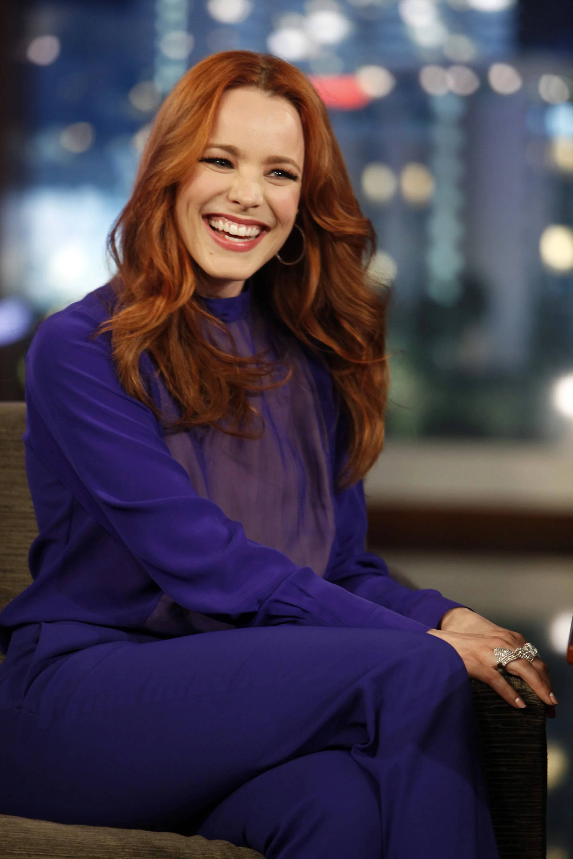 Rachel Mcadams, vibrant red hair, royal purple outfit, 2K Phone Wallpaper