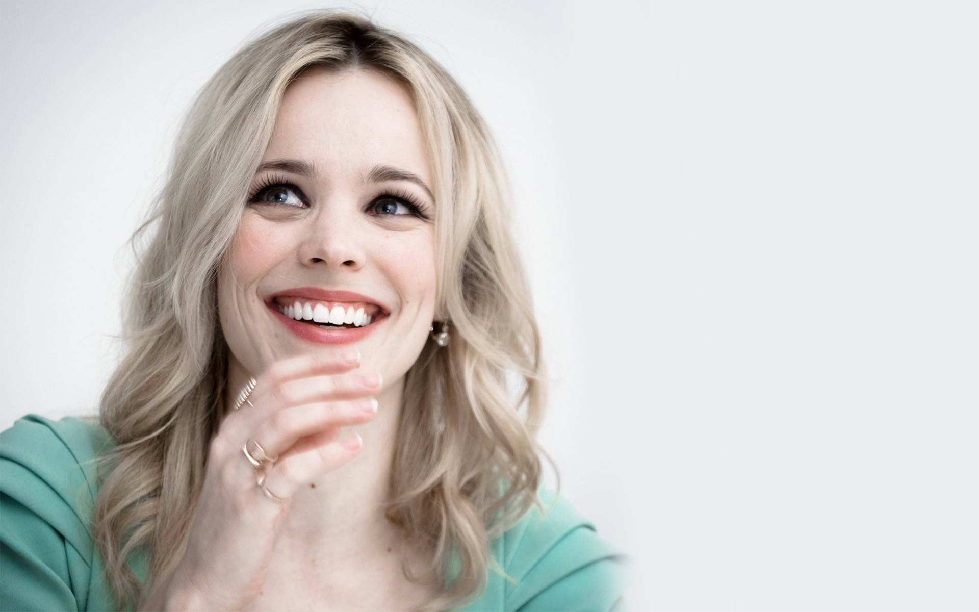 Rachel Mcadams, turquoise dress, teal top, Full HD Desktop Wallpaper