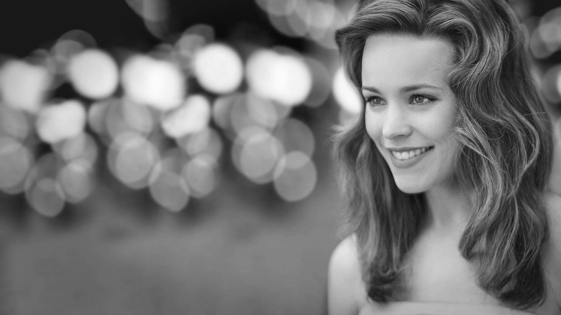 Rachel Mcadams, black and white, smiling woman, Full HD Desktop Wallpaper