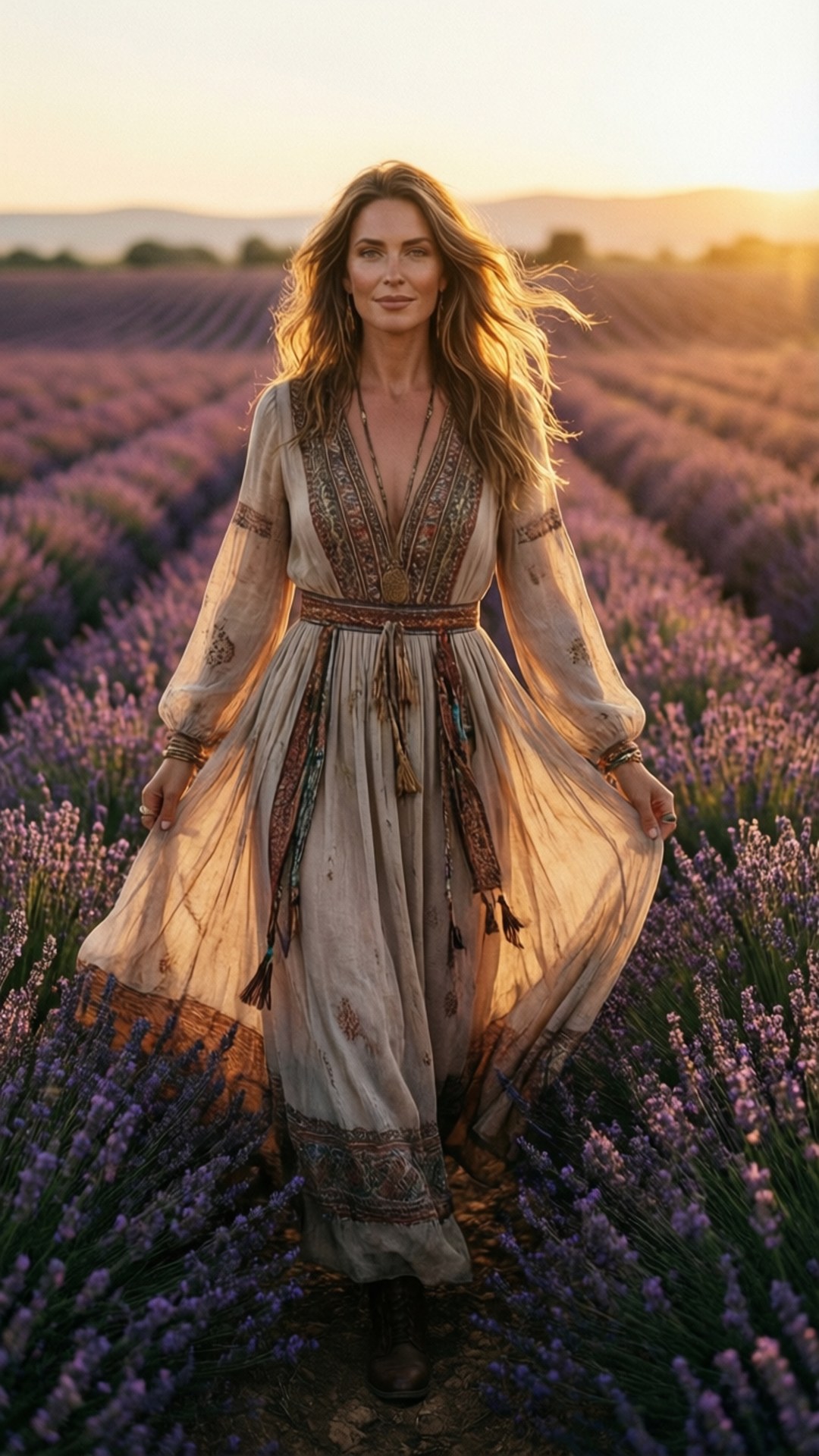 Rachel Nichols, bohemian dress, lavender field, Full HD Phone Wallpaper