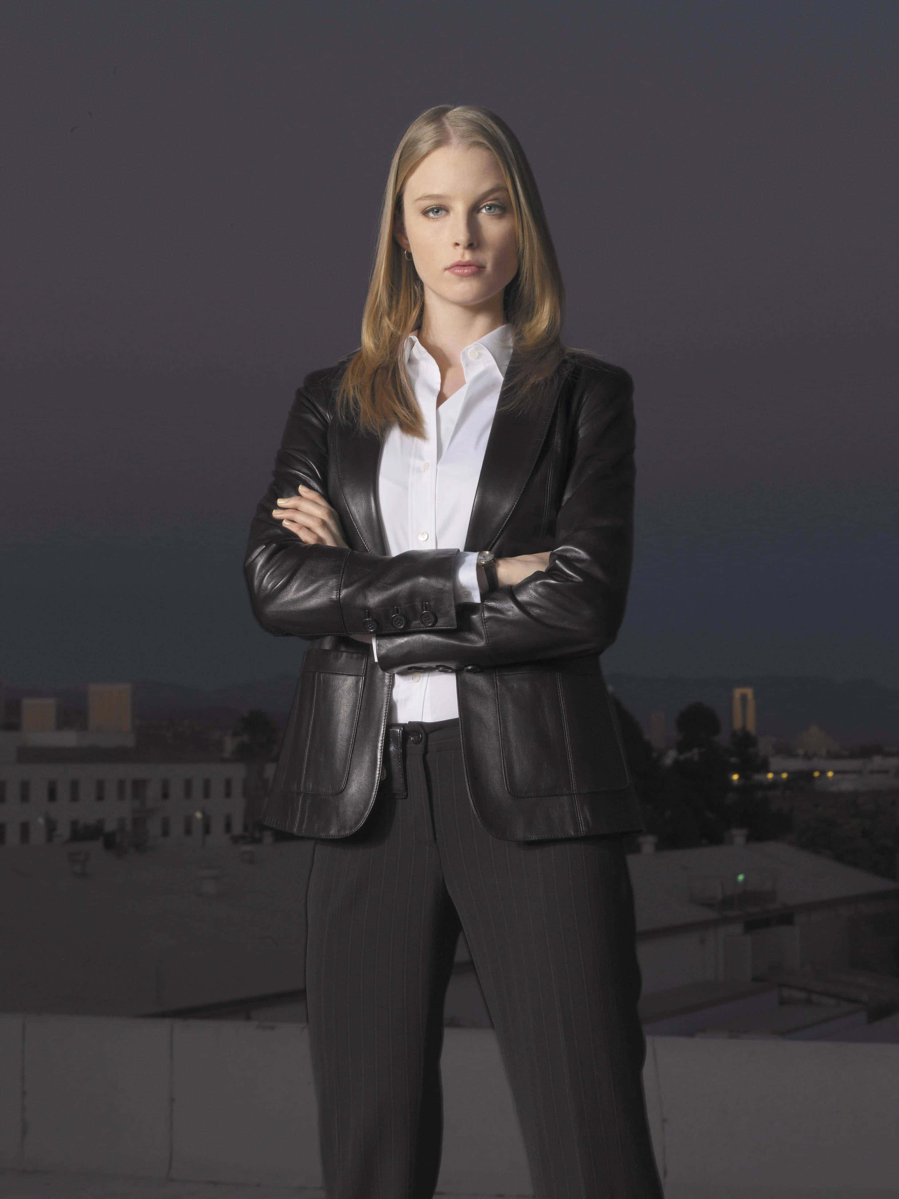 Rachel Nichols, black leather blazer, city rooftop, 4K Phone Wallpaper