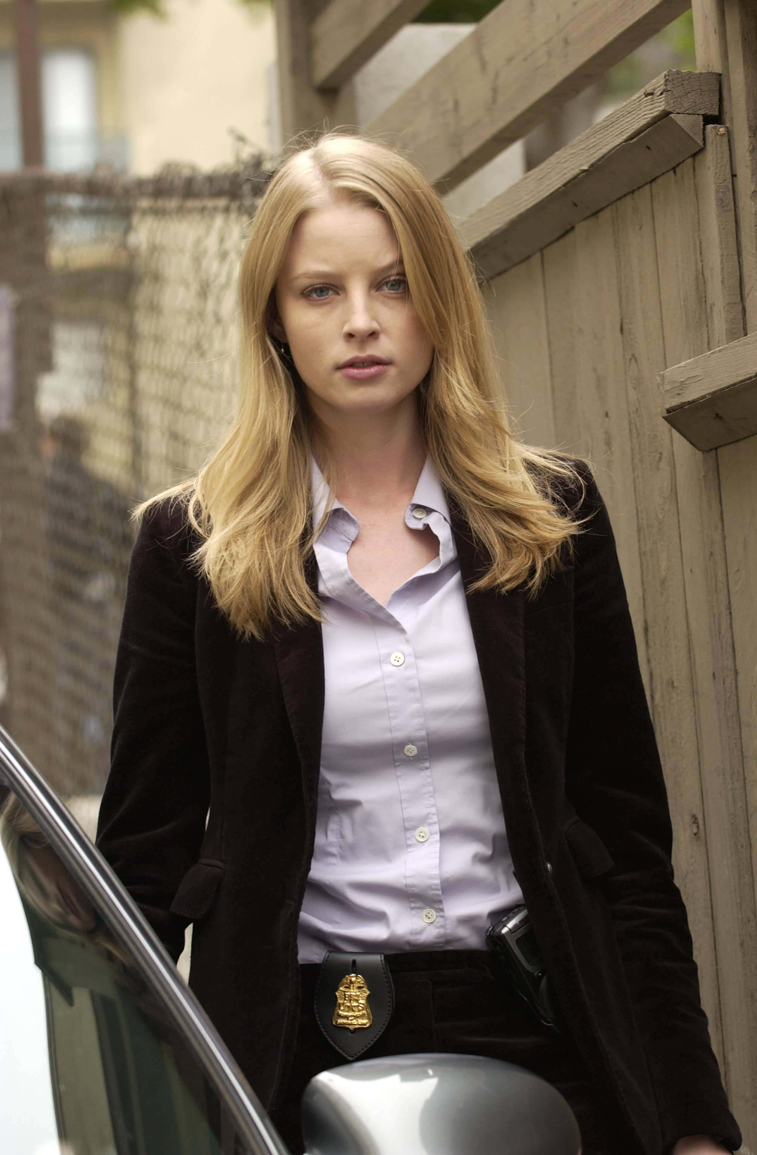 Rachel Nichols, blonde policewoman, dark velvet jacket, 4K Phone Wallpaper