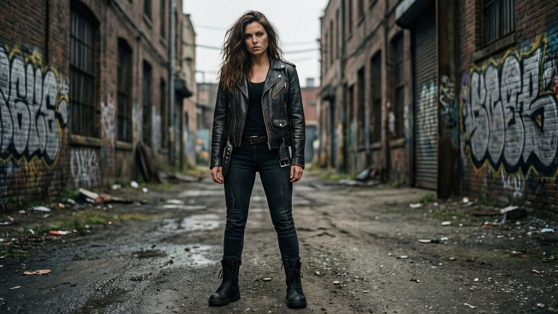 Rachel Nichols, leather jacket, gritty alleyway, Full HD Desktop Wallpaper