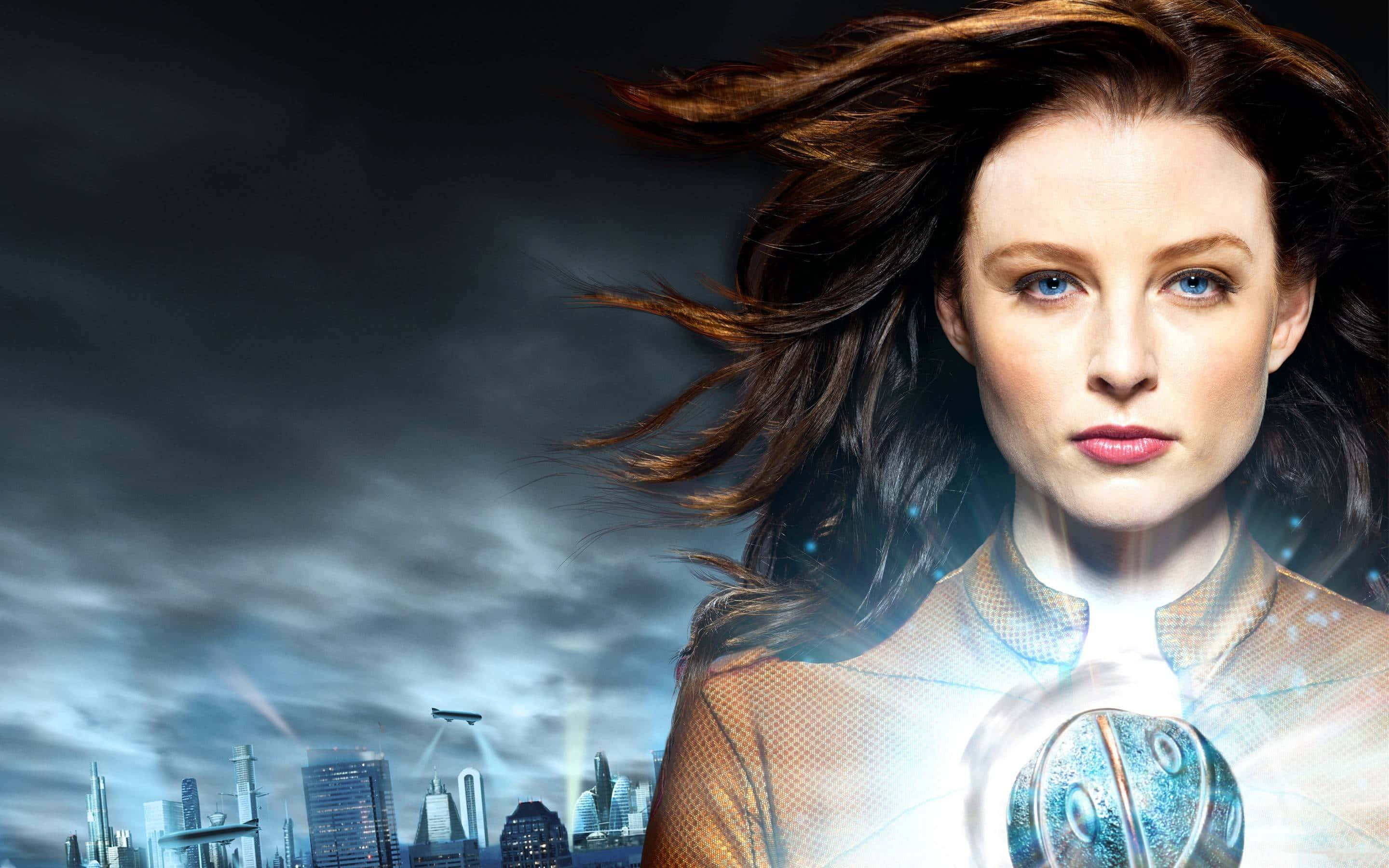 Rachel Nichols, futuristic city skyline, stormy skies, 2K Desktop Wallpaper