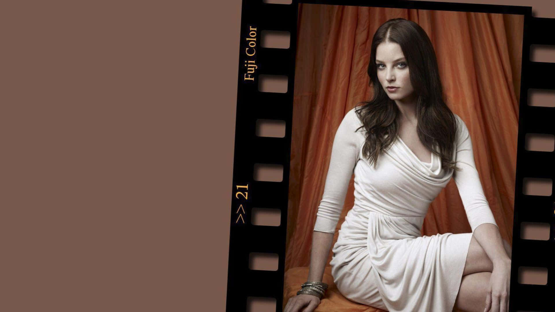 Rachel Nichols, white dress, warm orange curtains, Full HD Desktop Wallpaper