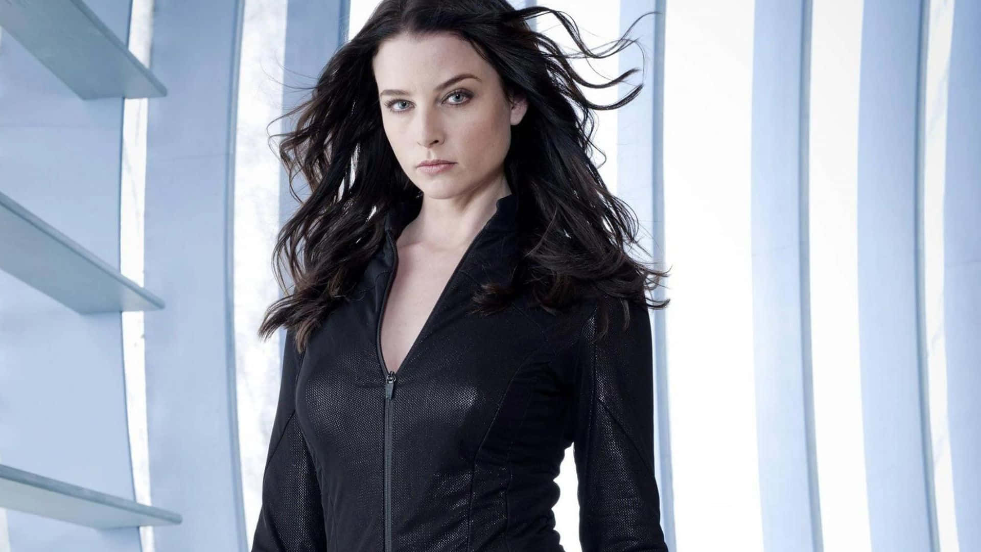 Rachel Nichols, black zippered jacket, modern blue-lit interior, Full HD Desktop Wallpaper